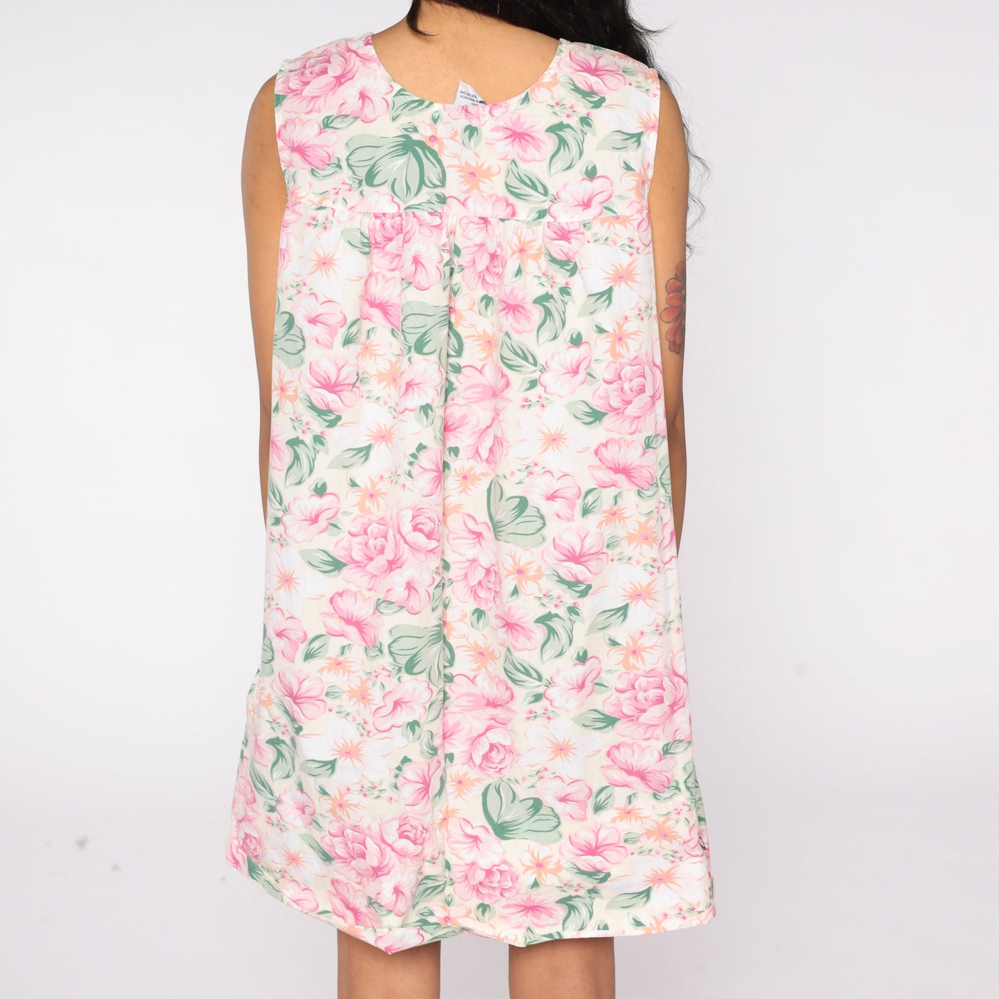 80s Floral Mini Dress Pink Green Cream Shift Sleeveless Medium