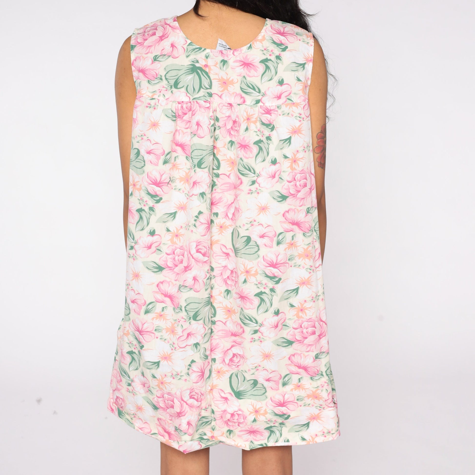 80s Floral Mini Dress Pink Green Cream Shift Sleeveless Medium