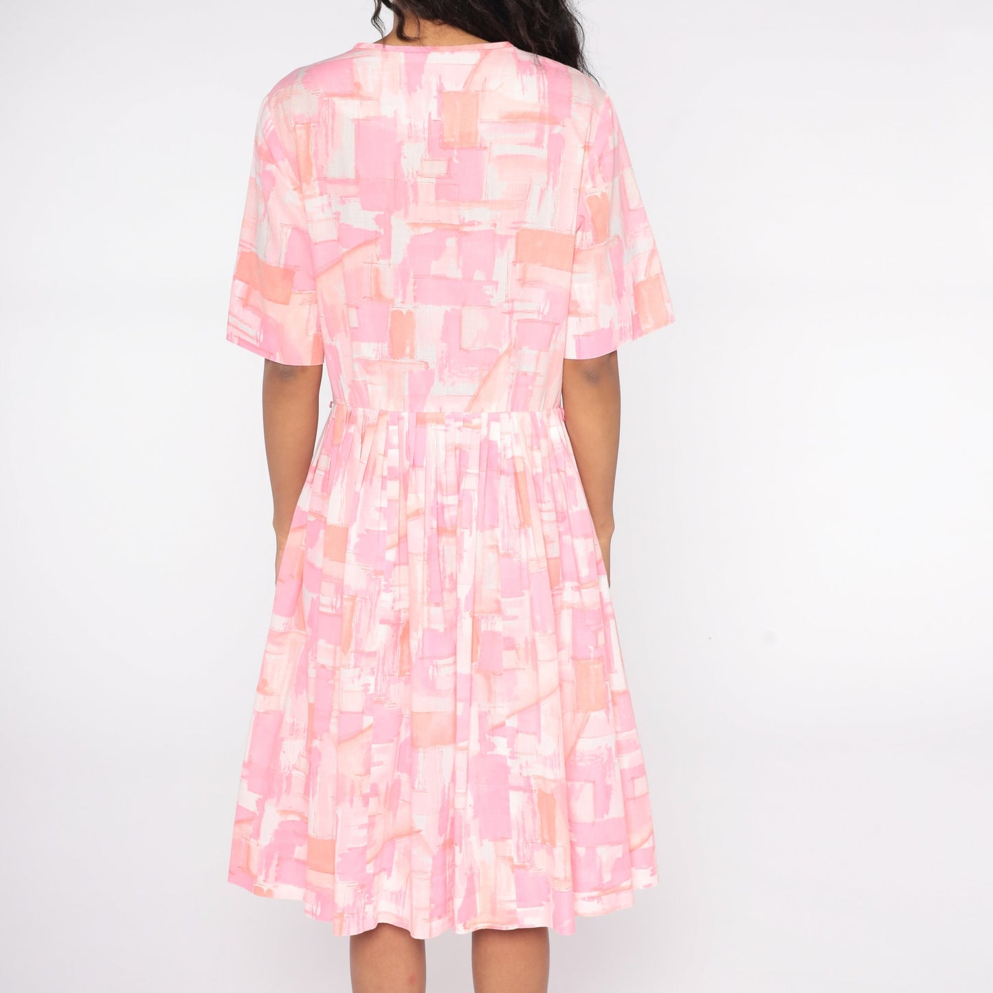 60s Pink Watercolor Geometric Midi Shirtdress Button-Up Pleated Large L