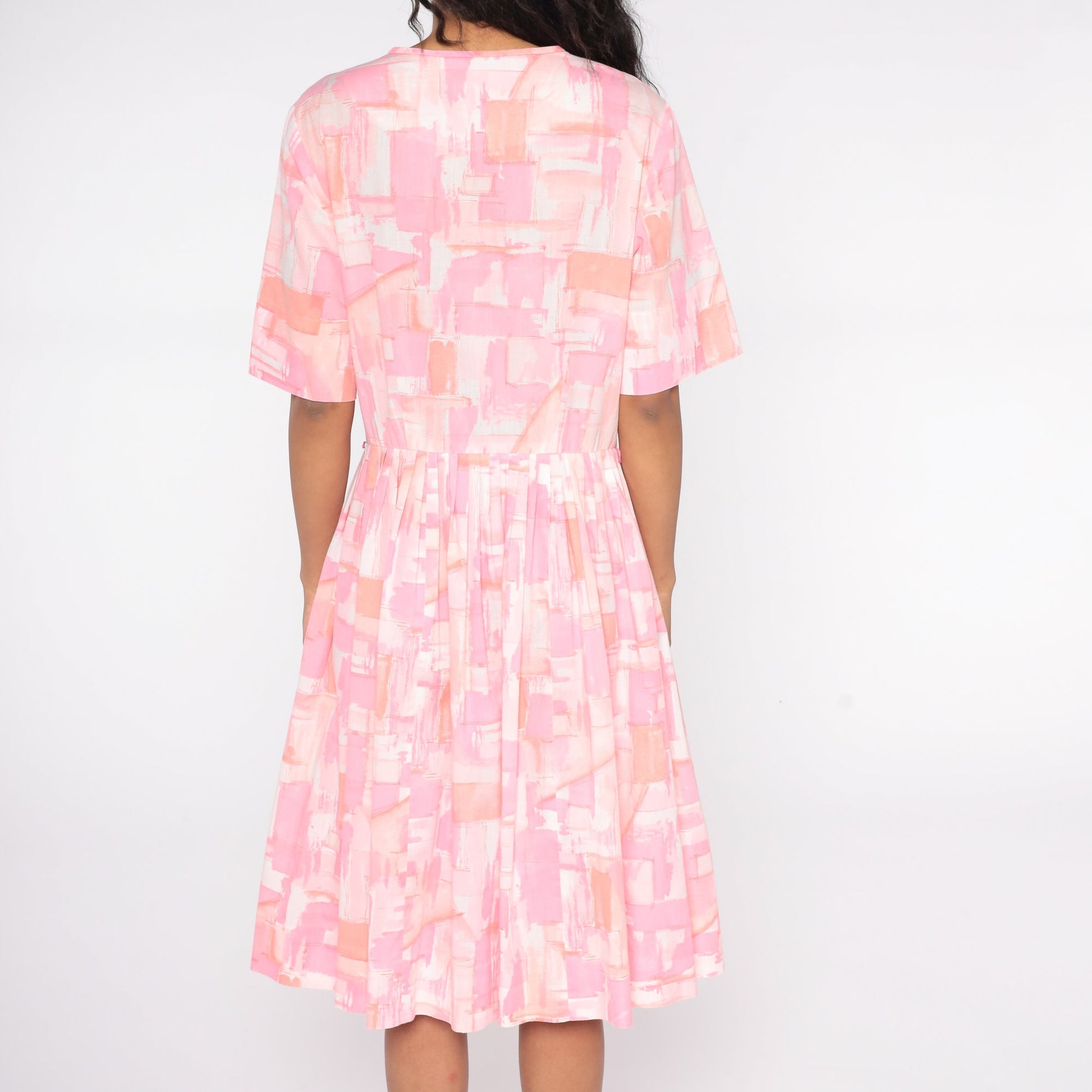 60s Pink Watercolor Geometric Midi Shirtdress Button-Up Pleated Large L