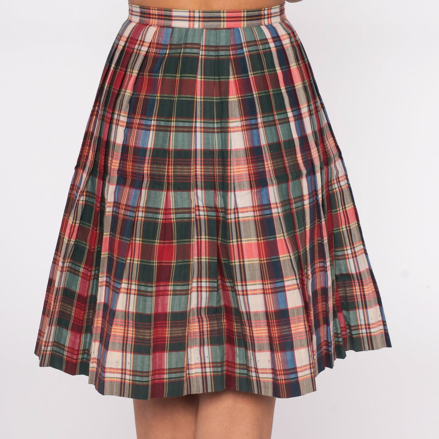 70s Plaid Pleated Mini Skirt High Waist Multicolor Tartan Extra Small