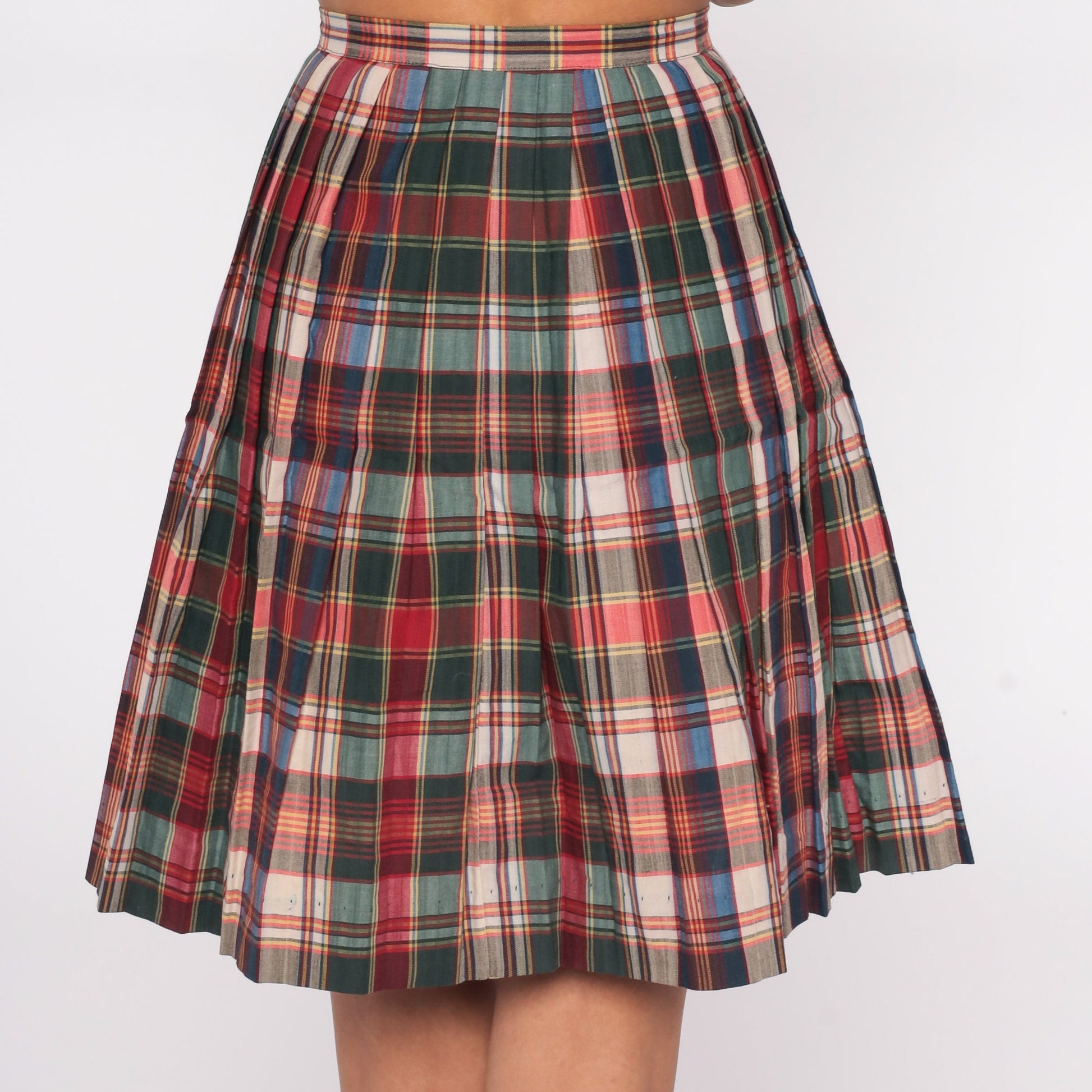 70s Plaid Pleated Mini Skirt High Waist Multicolor Tartan Extra Small