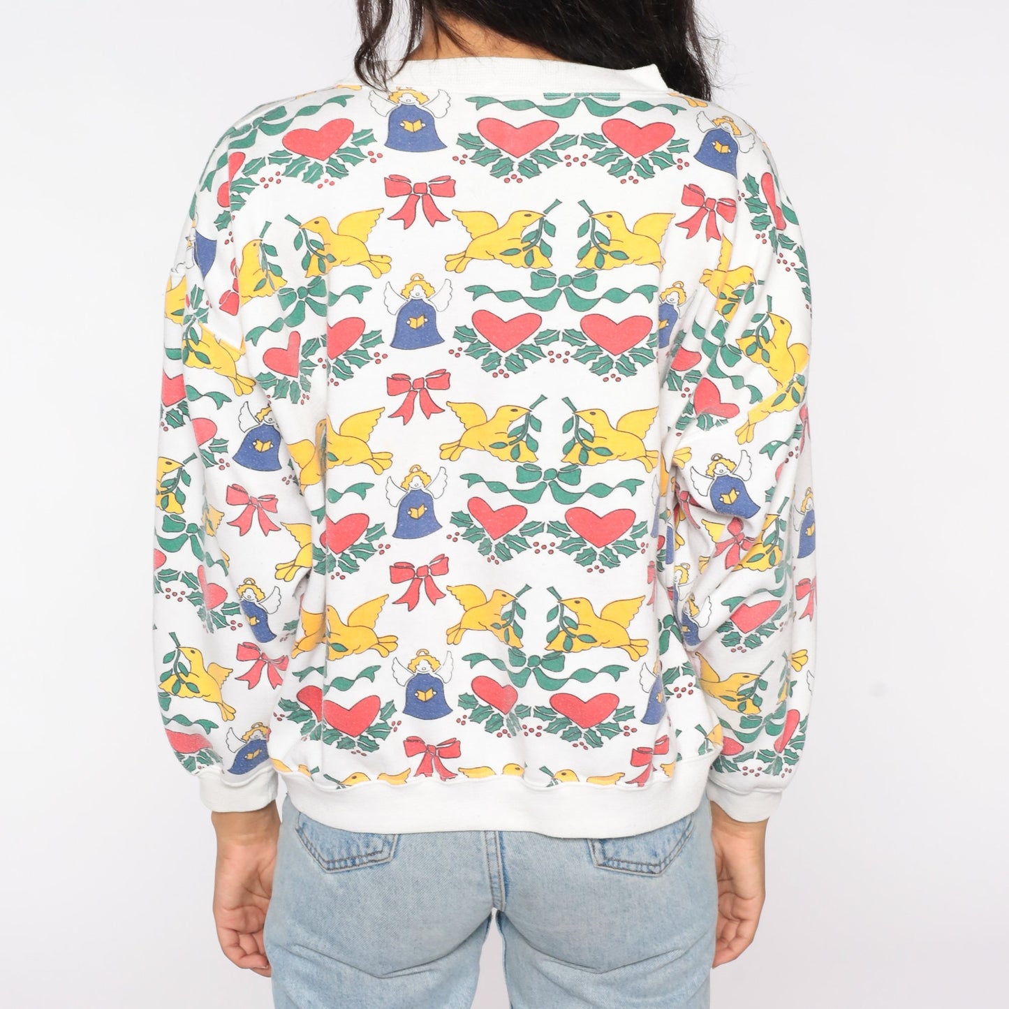 90s Christmas Angel Dove Heart Print Sweatshirt Graphic Pullover Large L