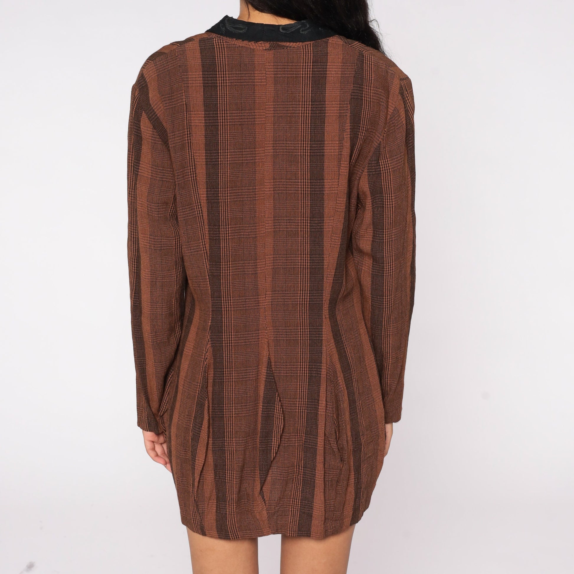 80s Brown Striped Blazer Black Soutache Collar Double-Breasted Jacket Medium Large