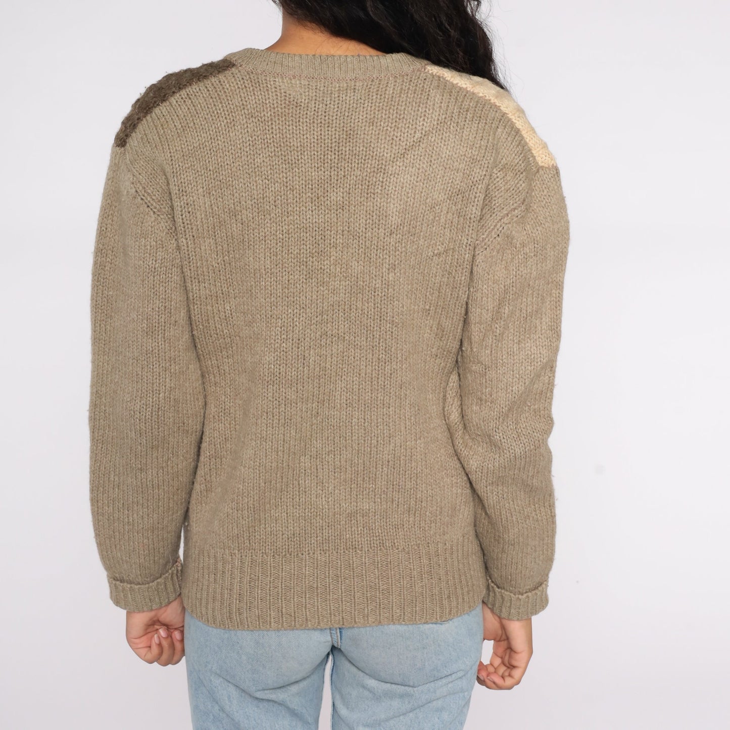 1970s Wool Cable Knit Sweater V-Neck Colour Block Taupe Brown Large