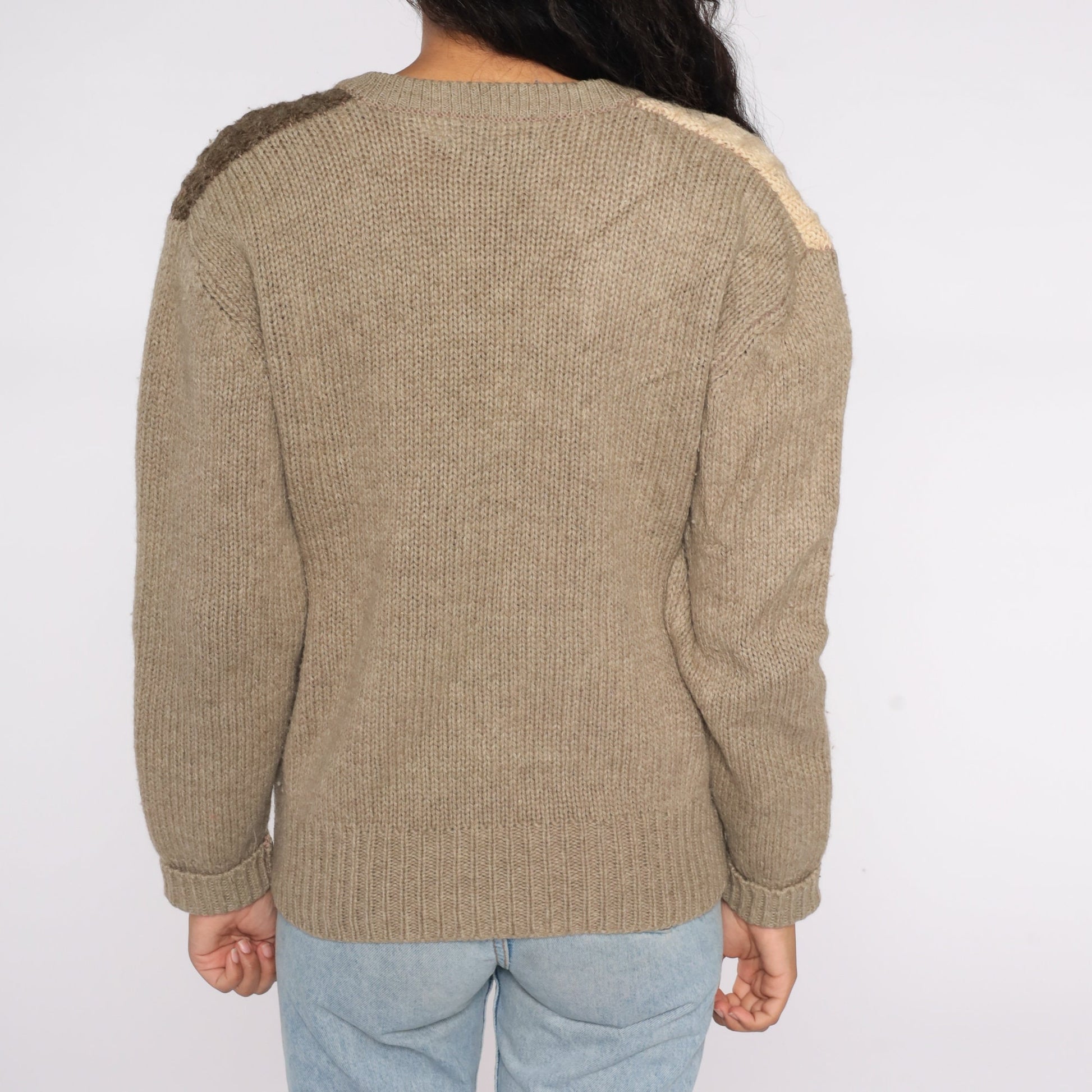 1970s Wool Cable Knit Sweater V-Neck Colour Block Taupe Brown Large