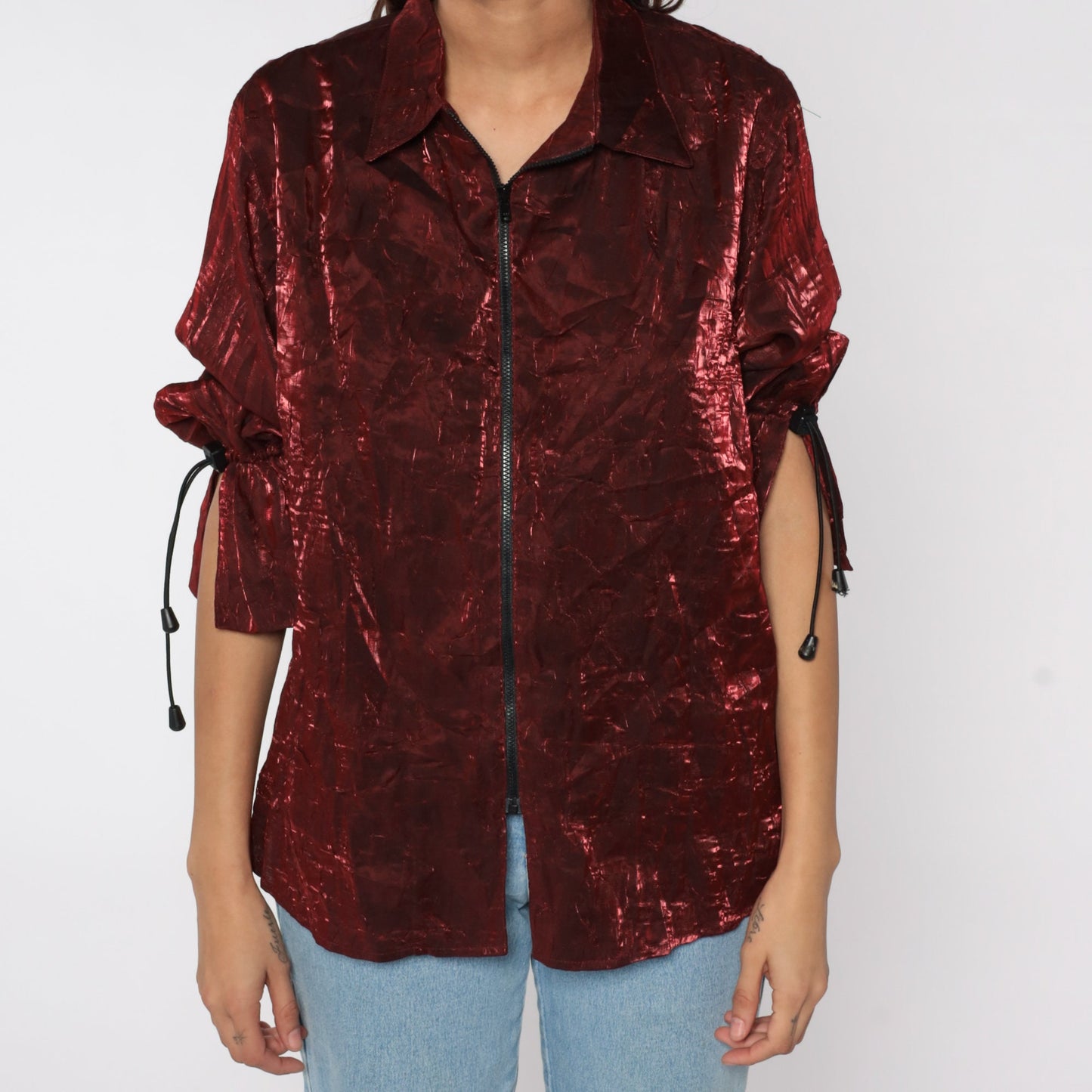 90s Shiny Red Iridescent Zip-Up Jacket Drawstring Sleeves Medium