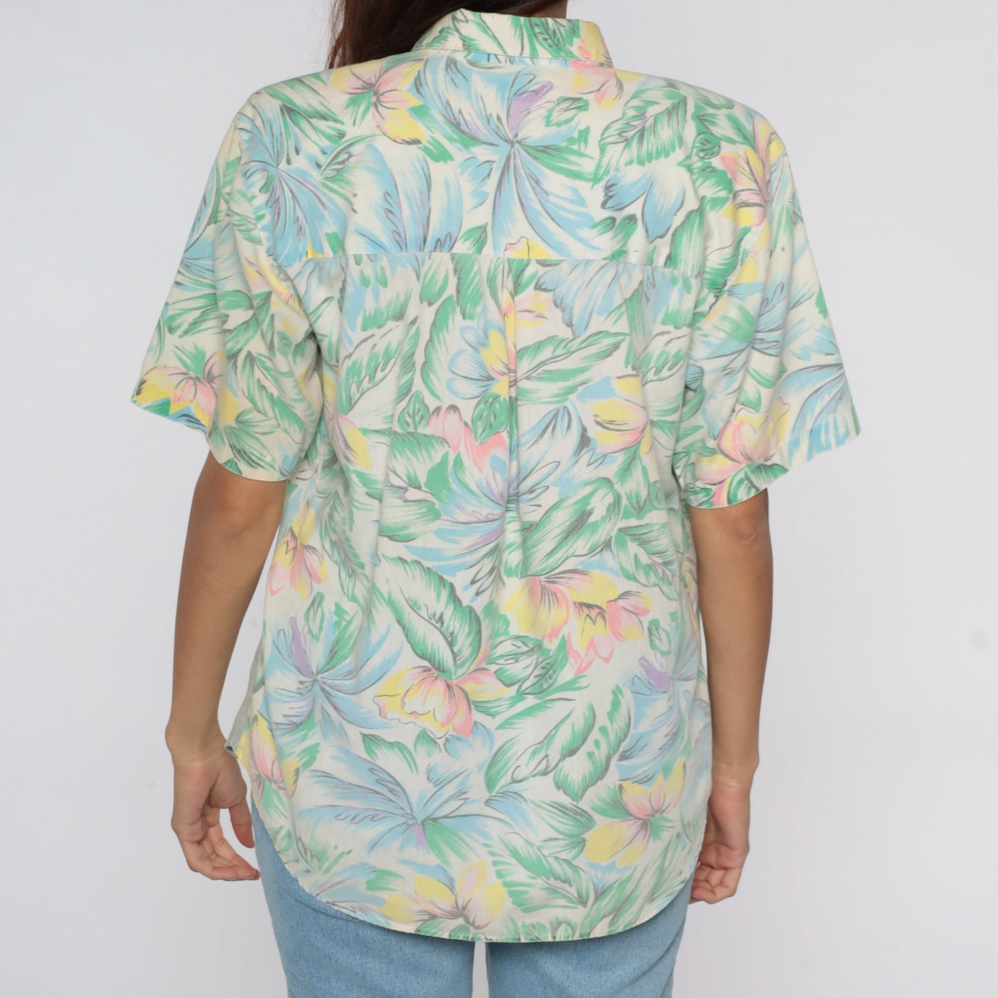 80s Tropical Floral Button-Up Shirt Green Pink Short Sleeve Medium