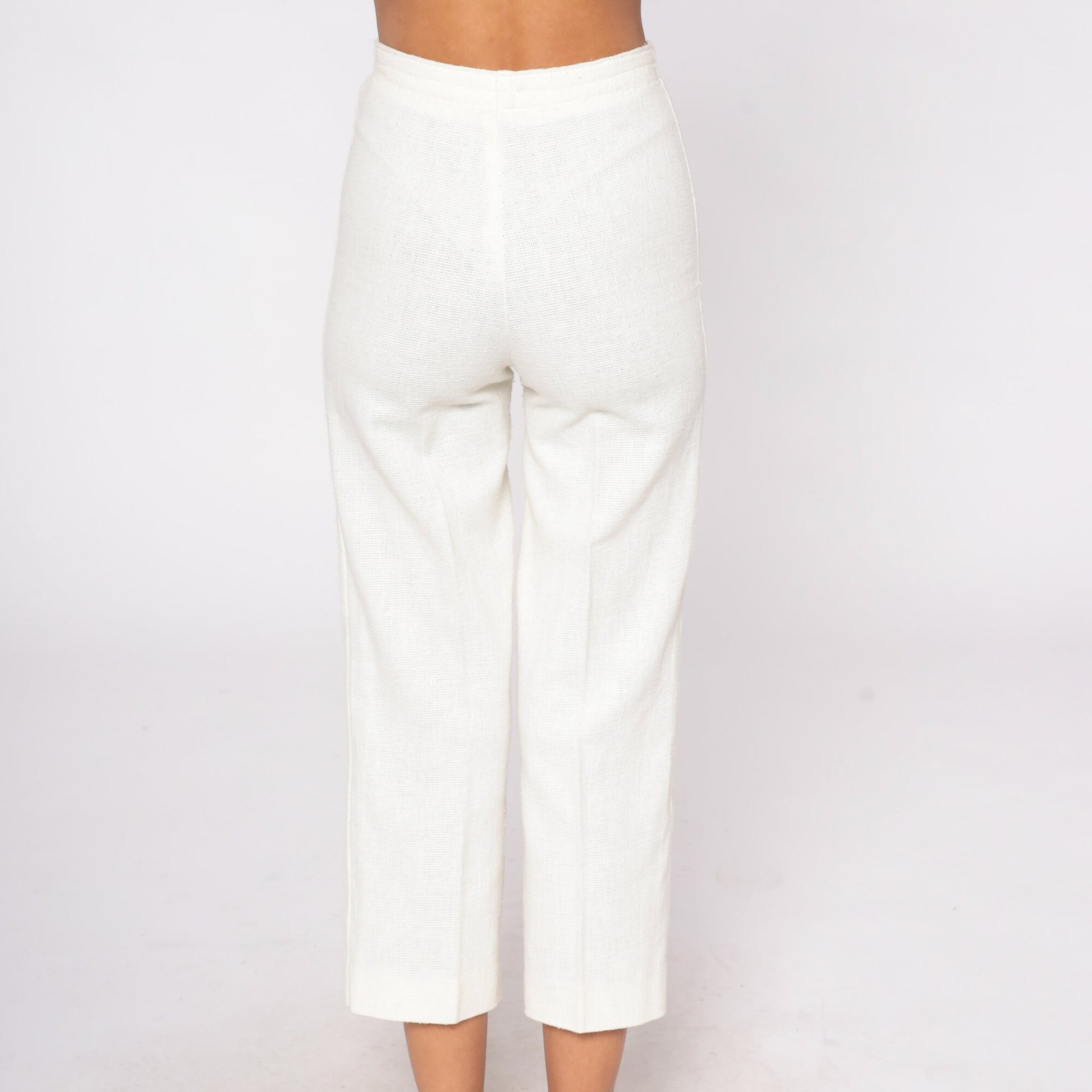 70s High-Waisted Straight Leg Linen Trousers Off-White Cropped Petite XXS