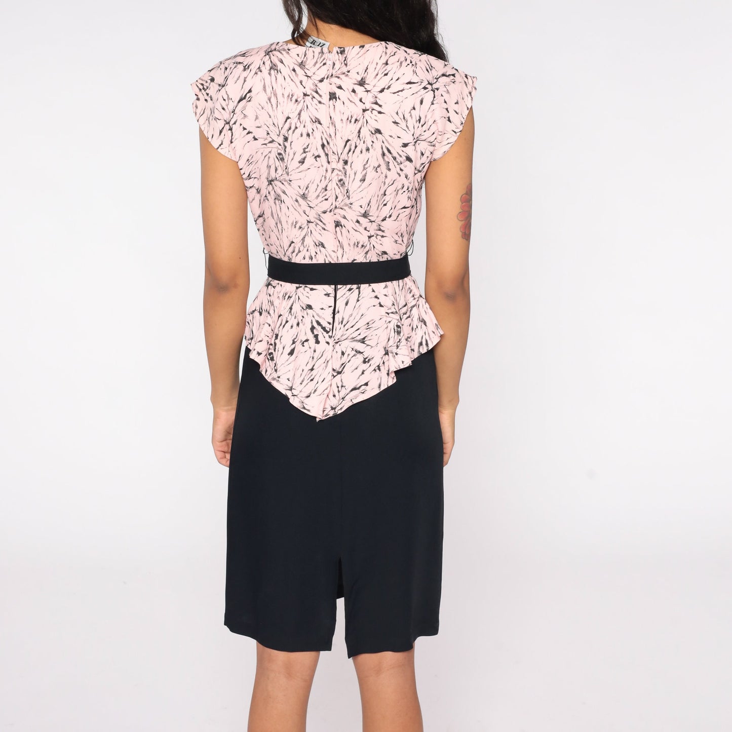 80s Zum Zum Secretary Dress Peplum Belted Pencil Baby Pink Cap Sleeve XS