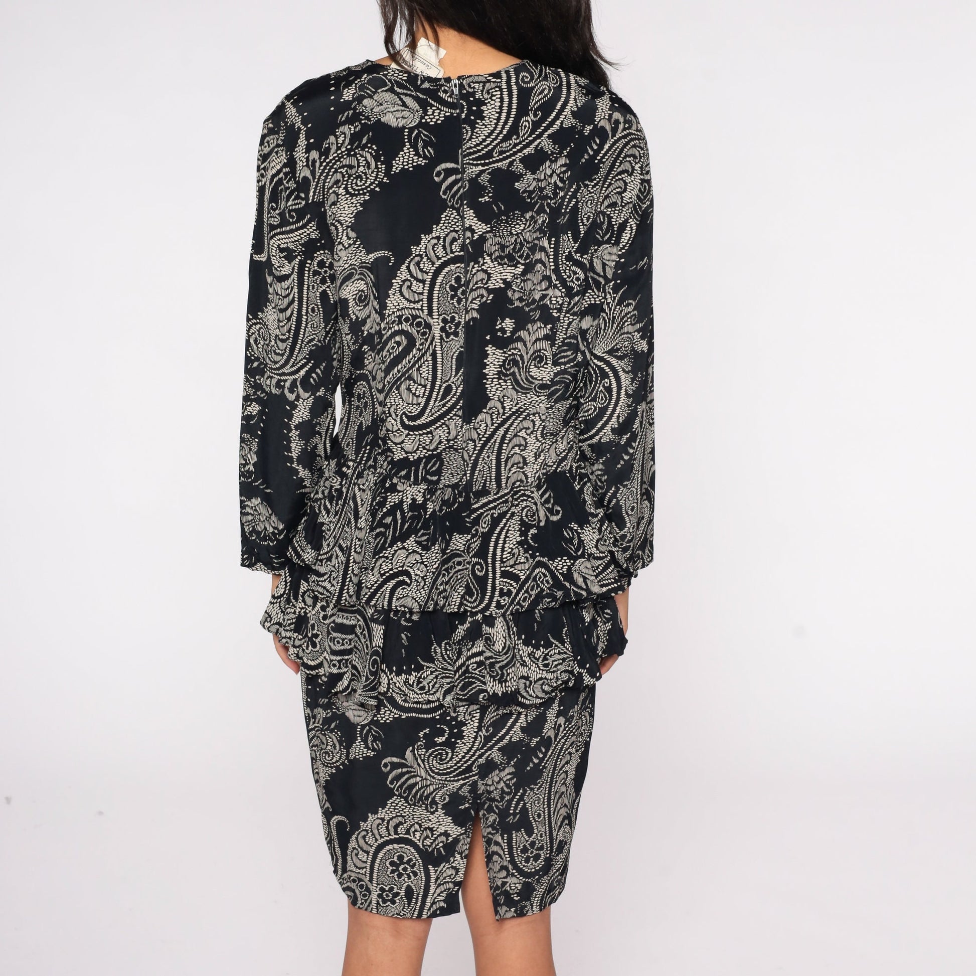 80s Black White Floral Paisley Peplum Dress Long Sleeve Knee Length Medium M