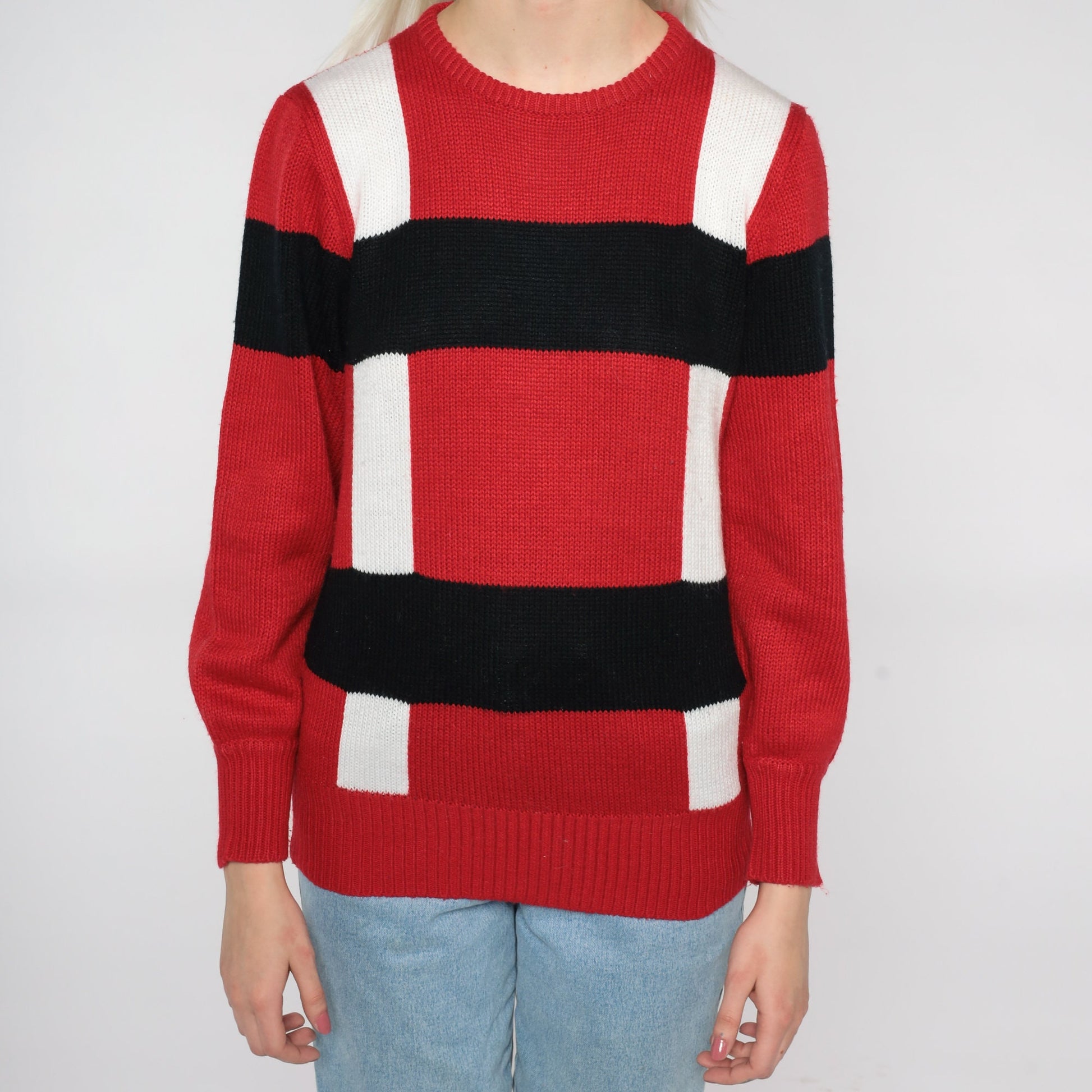 80s Red White Black Striped Knit Sweater Crewneck Pullover Small S