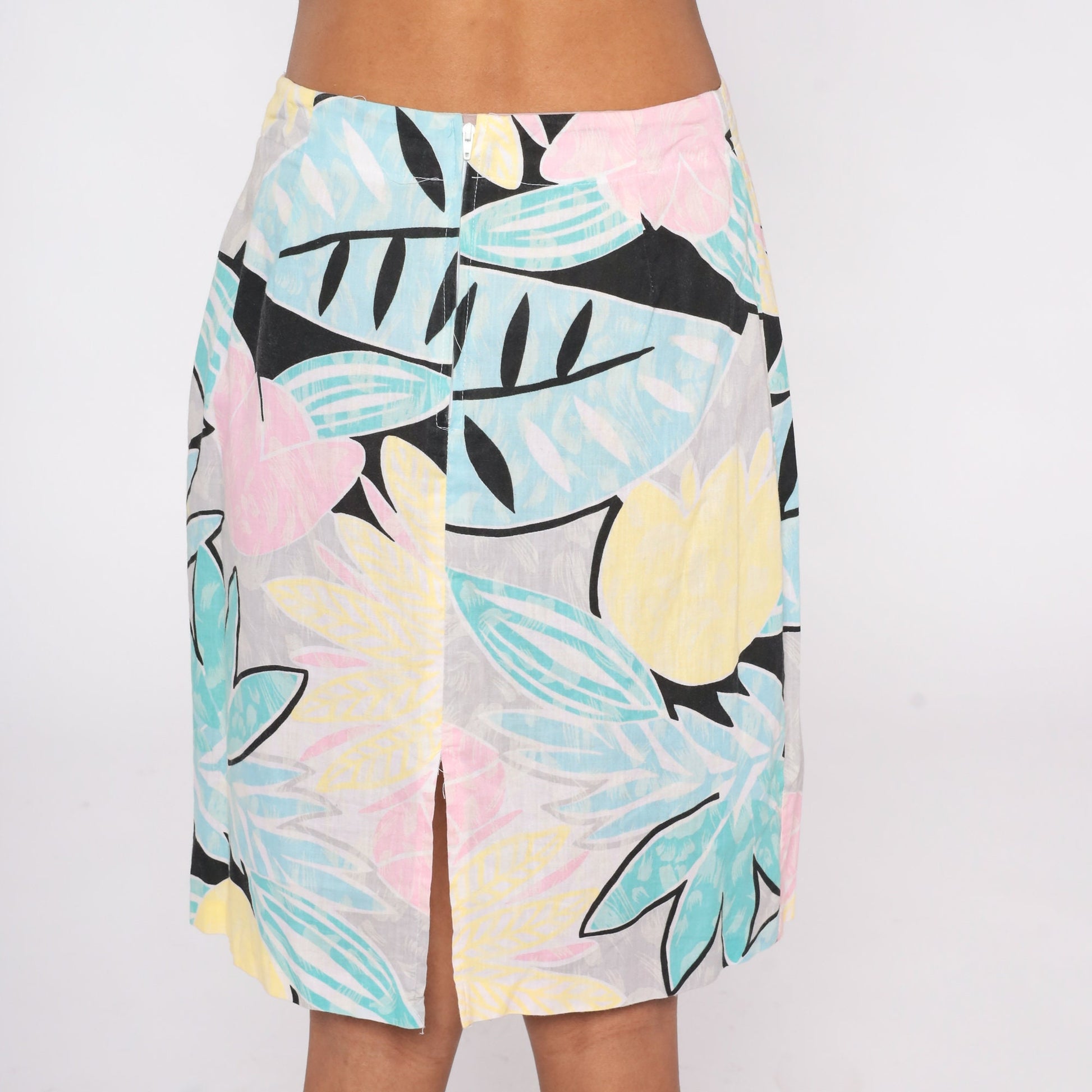 80s Tropical Leaf Midi Skirt Pastel Palm Print High Waist Medium