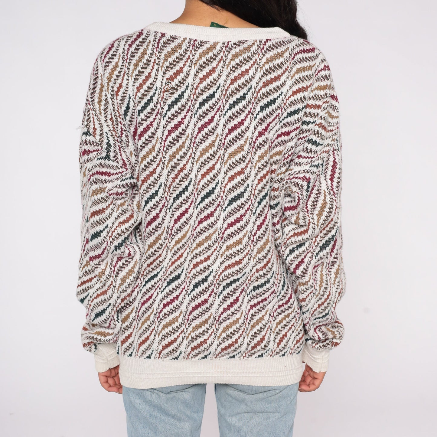 Geometric Print Knit Sweater White Cotton Pullover Extra Small XS