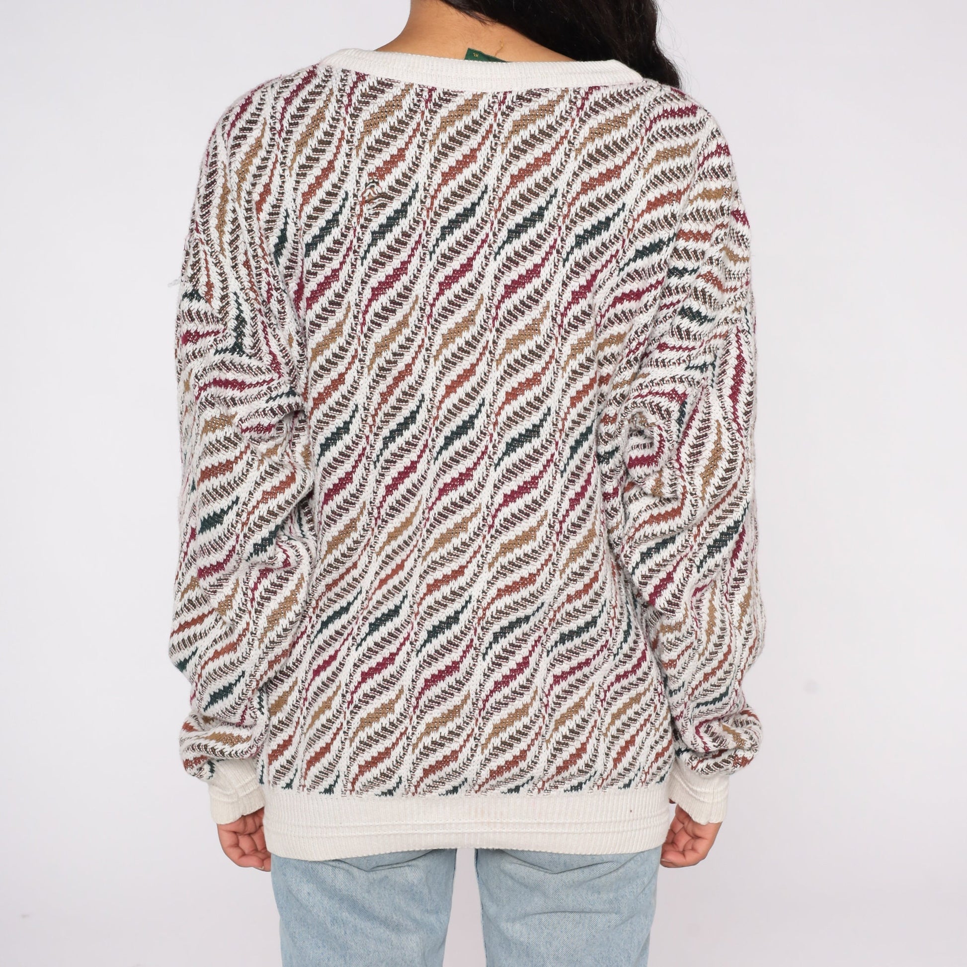 Geometric Print Knit Sweater White Cotton Pullover Extra Small XS