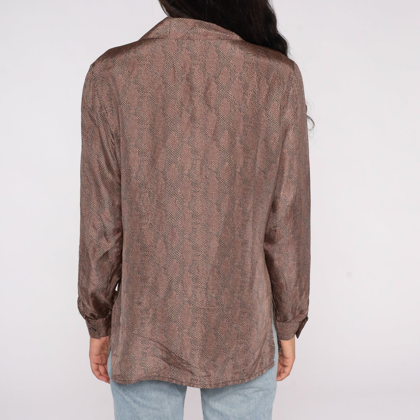 80s Brown Silk Button-Up Blouse Long Sleeve Speckled Medium