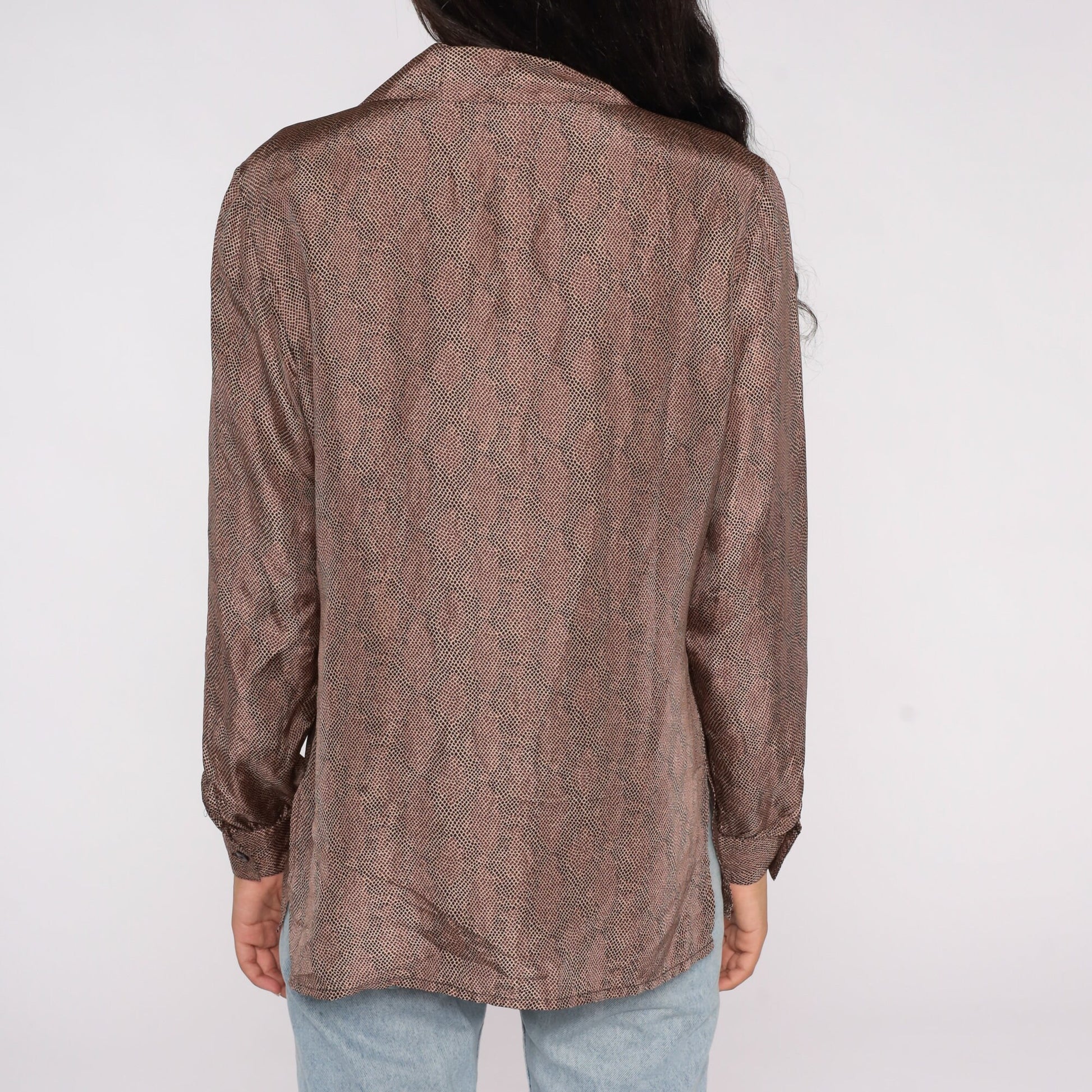 80s Brown Silk Button-Up Blouse Long Sleeve Speckled Medium