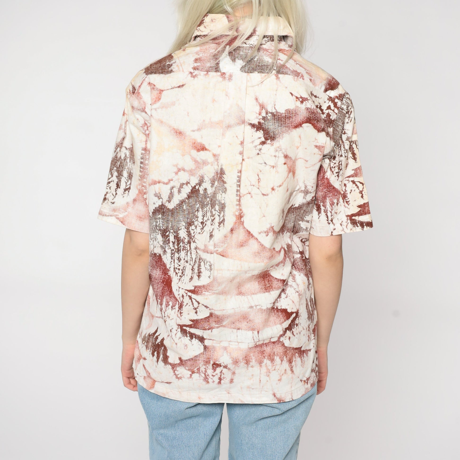 70s Pagoda Forest Bird Button Up Shirt Cream Red Brown Graphic Medium