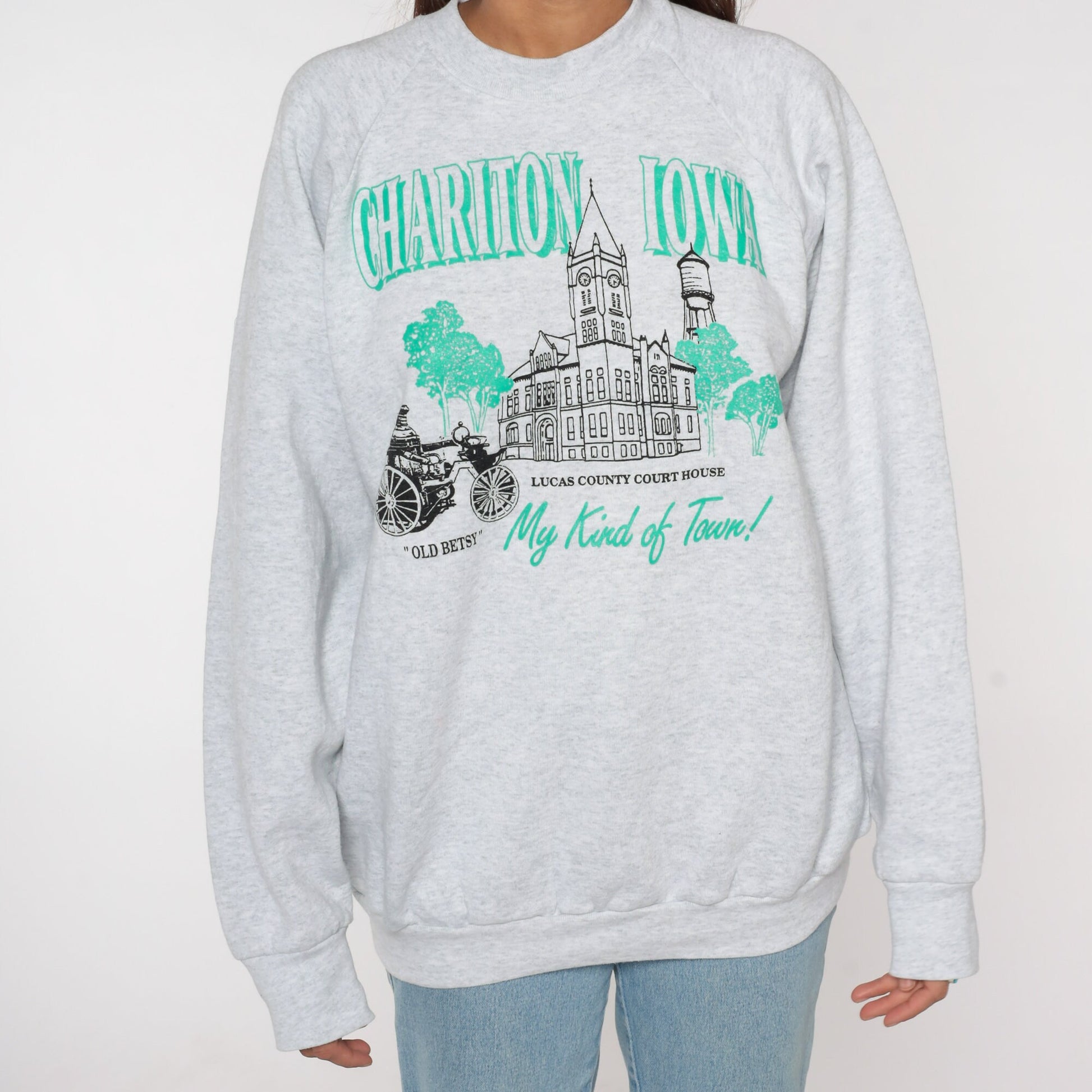 90s Chariton Iowa Courthouse Raglan Sweatshirt Grey Graphic Extra Large XXL