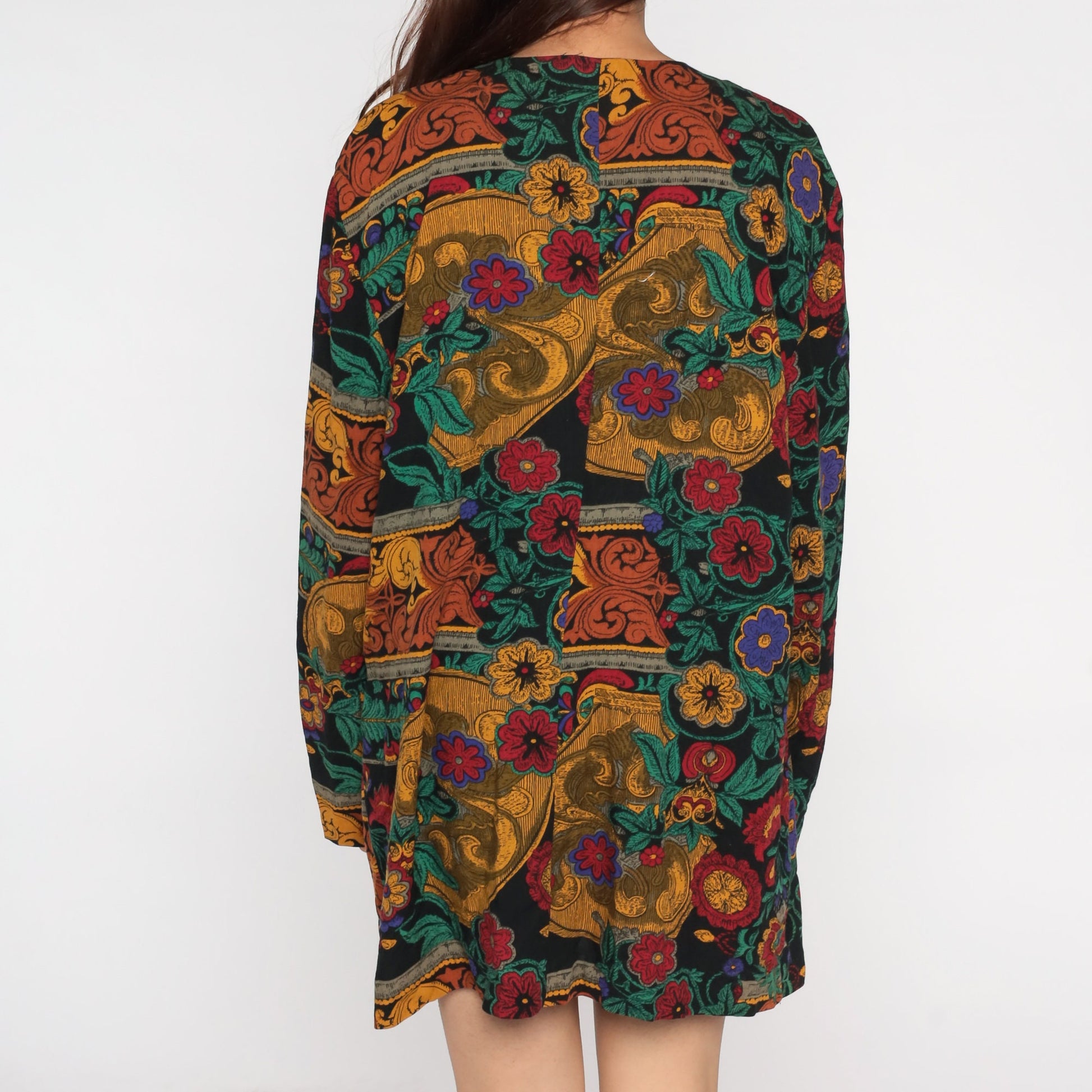 90s Dark Floral Rayon Blouse Long Sleeve Front Slit Tunic Large L