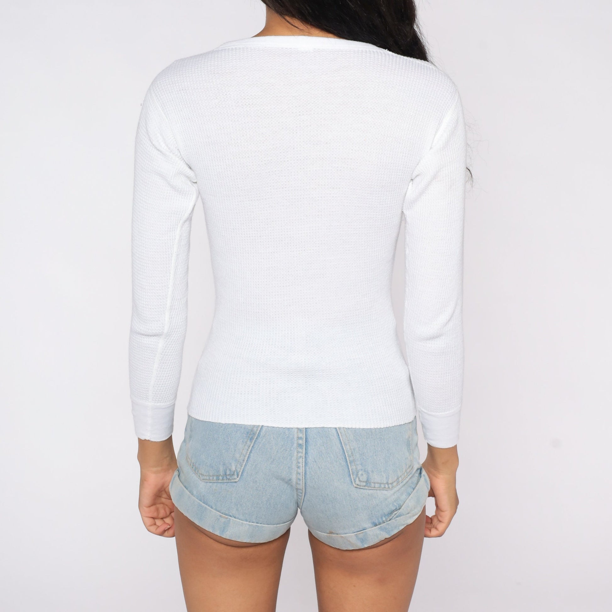 80s White Waffle Knit Thermal Long Sleeve Undershirt Small