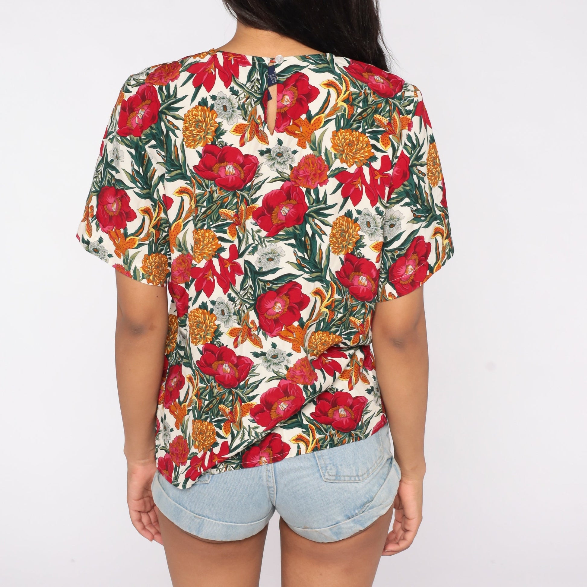 90s Floral Print Rayon Shirt Short Sleeve Blouse Small S