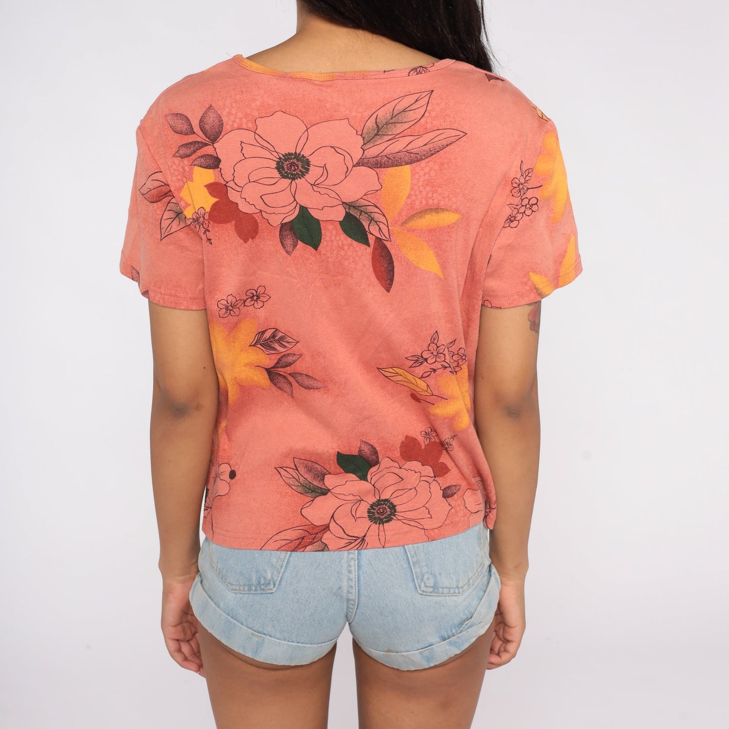 90s Floral V-Neck T-Shirt Coral Pink Flower Print Tee Large L