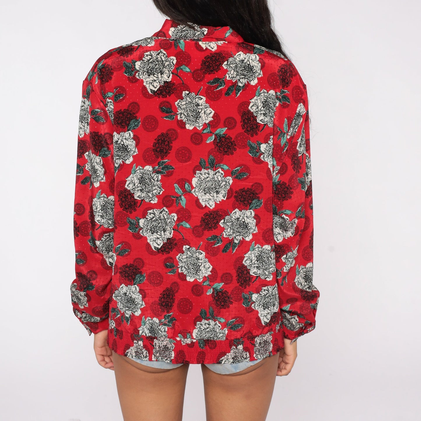 80s Red Floral Geometric Print Blouse Quarter Button Long Sleeve XXL