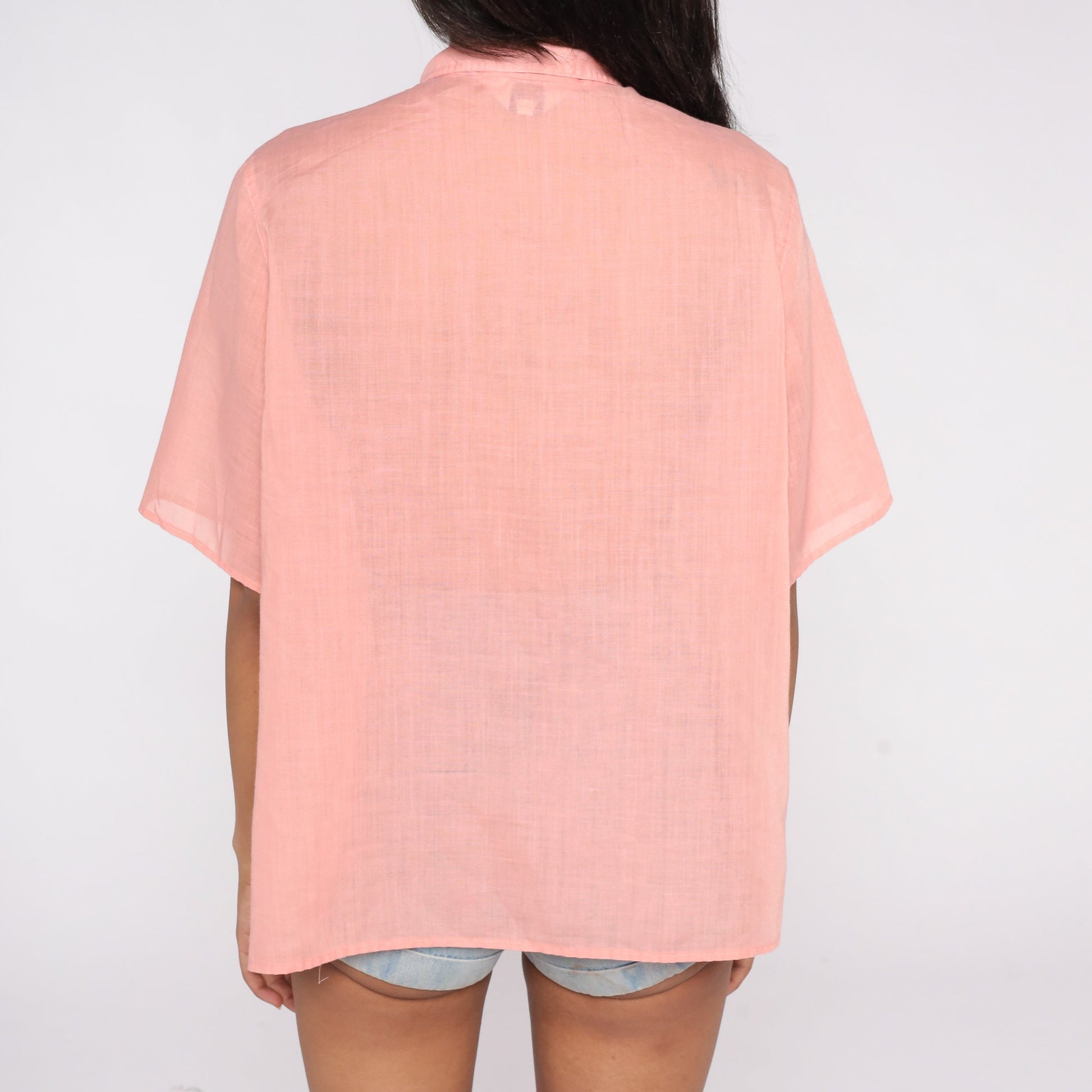 80s Pink Semi-Sheer Button-Up Blouse Short Sleeve Cotton Blend Extra Large