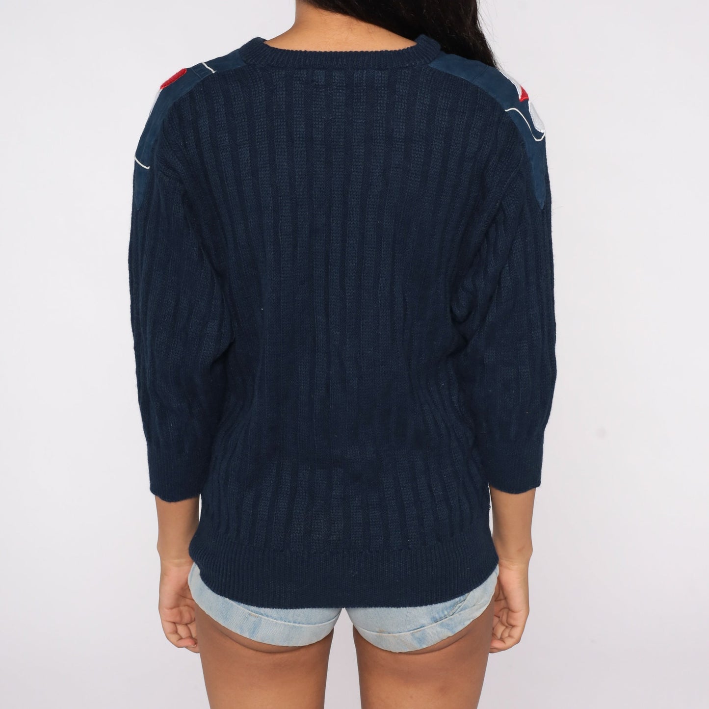 80s Navy Embroidered Abstract Geometric Sweater V-Neck Knit Pullover Medium