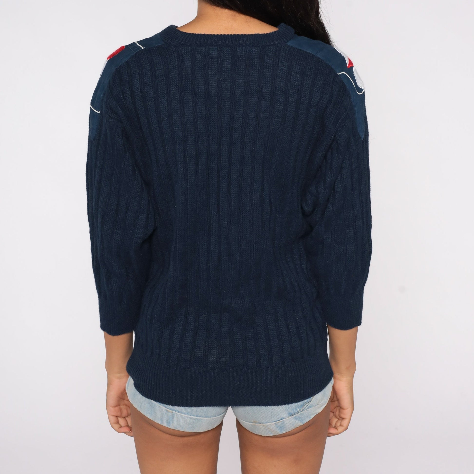 80s Navy Embroidered Abstract Geometric Sweater V-Neck Knit Pullover Medium