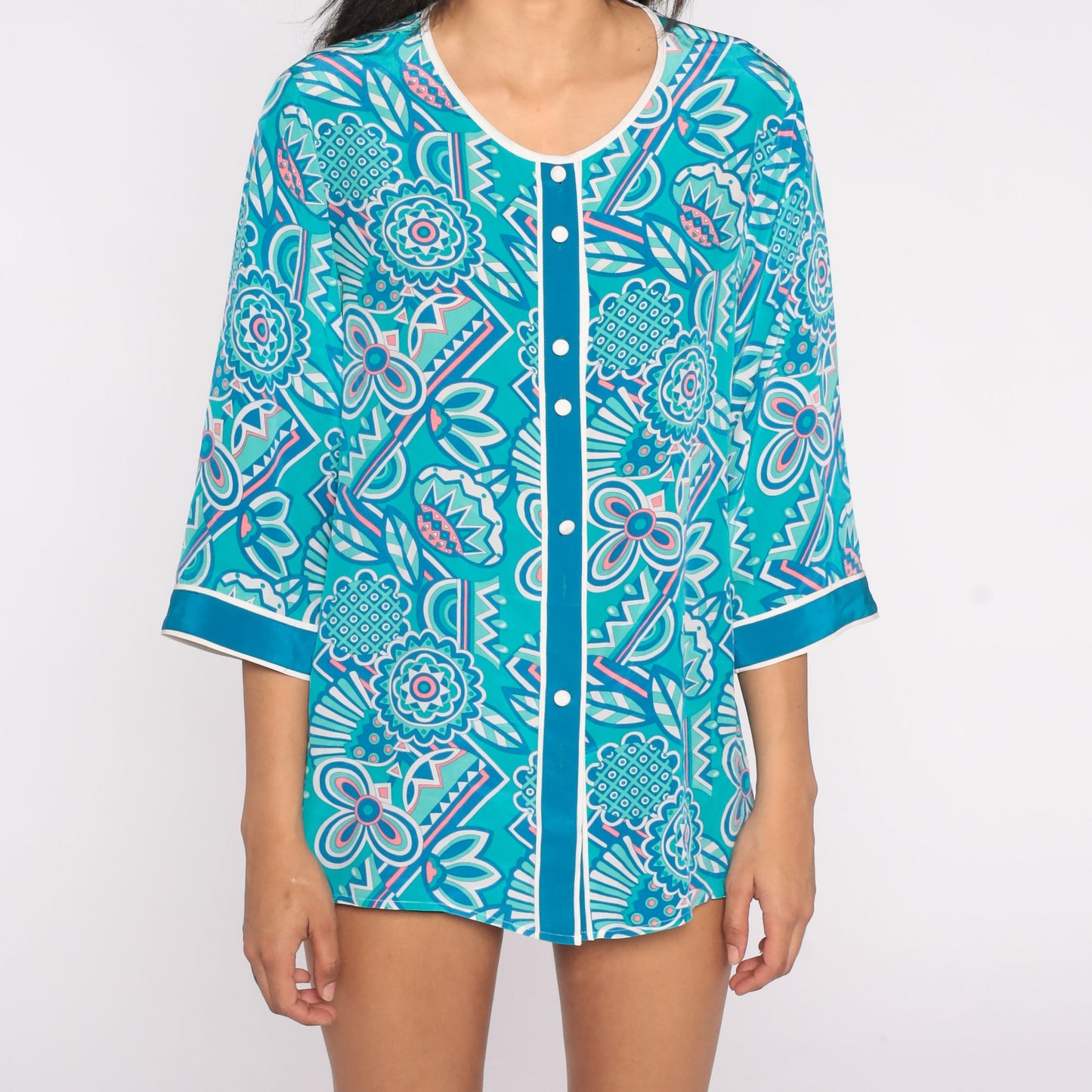 Bob Mackie Silk Floral Blouse 90s Blue Flower Print Button Up 3/4 Sleeve Medium M