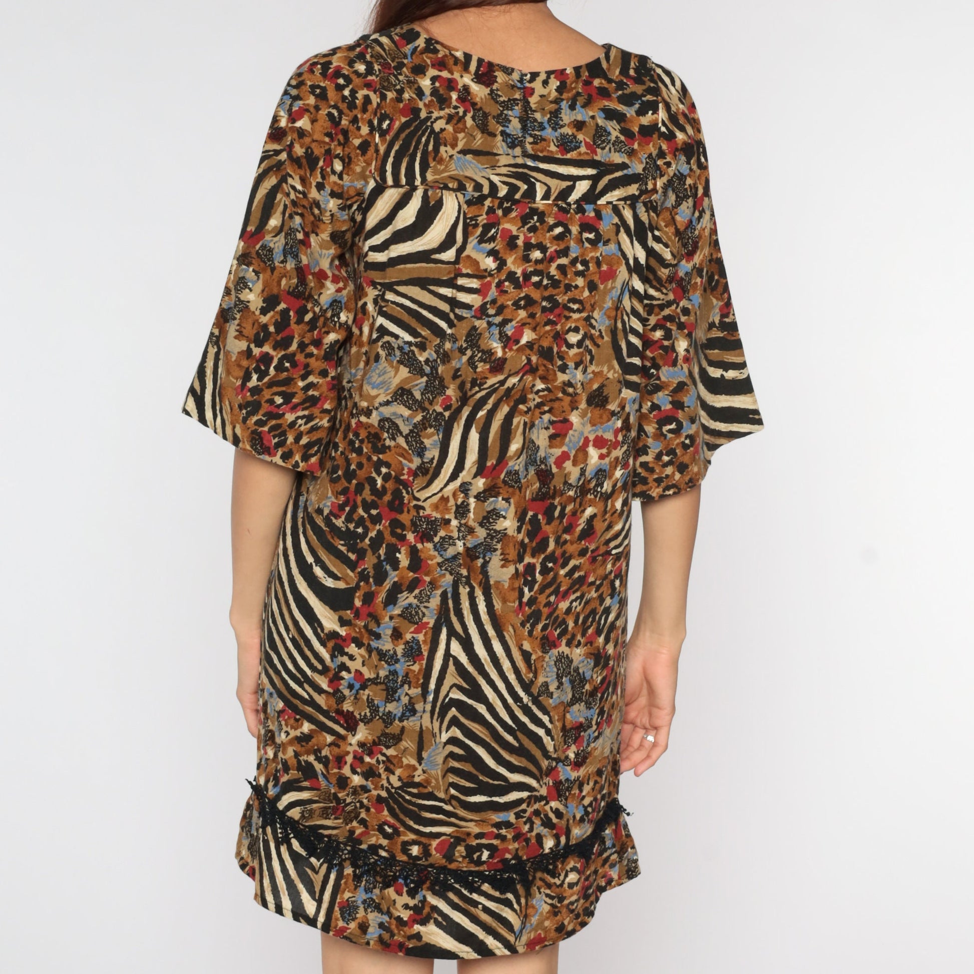 80s Animal Print Mini Shift Dress Brown 3/4 Sleeve Small