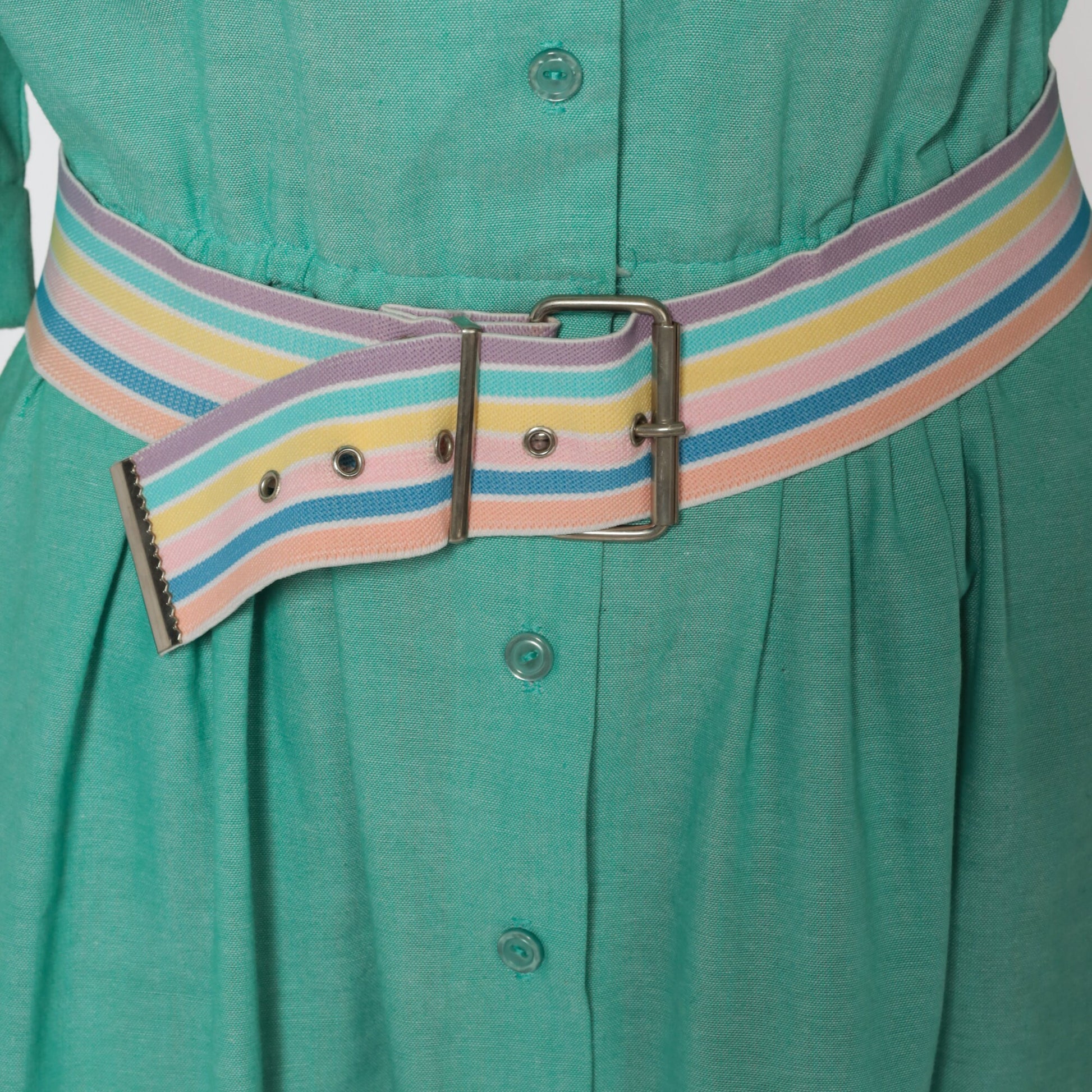 80s Green Shirtwaist Midi Dress High Waist Button Up 3/4 Sleeve Medium Petite