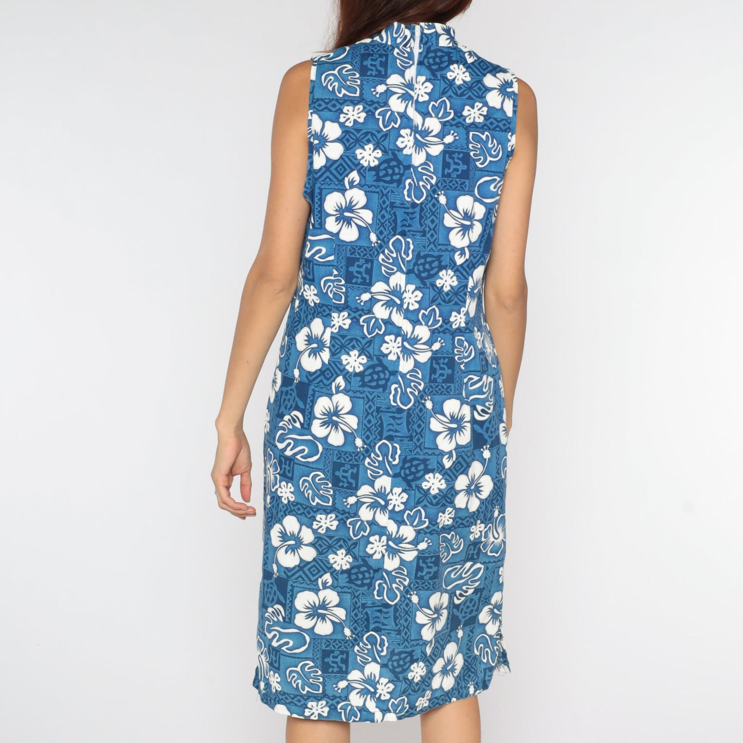 90s Hawaiian Floral Midi Dress Blue Tropical Shift Sleeveless Large