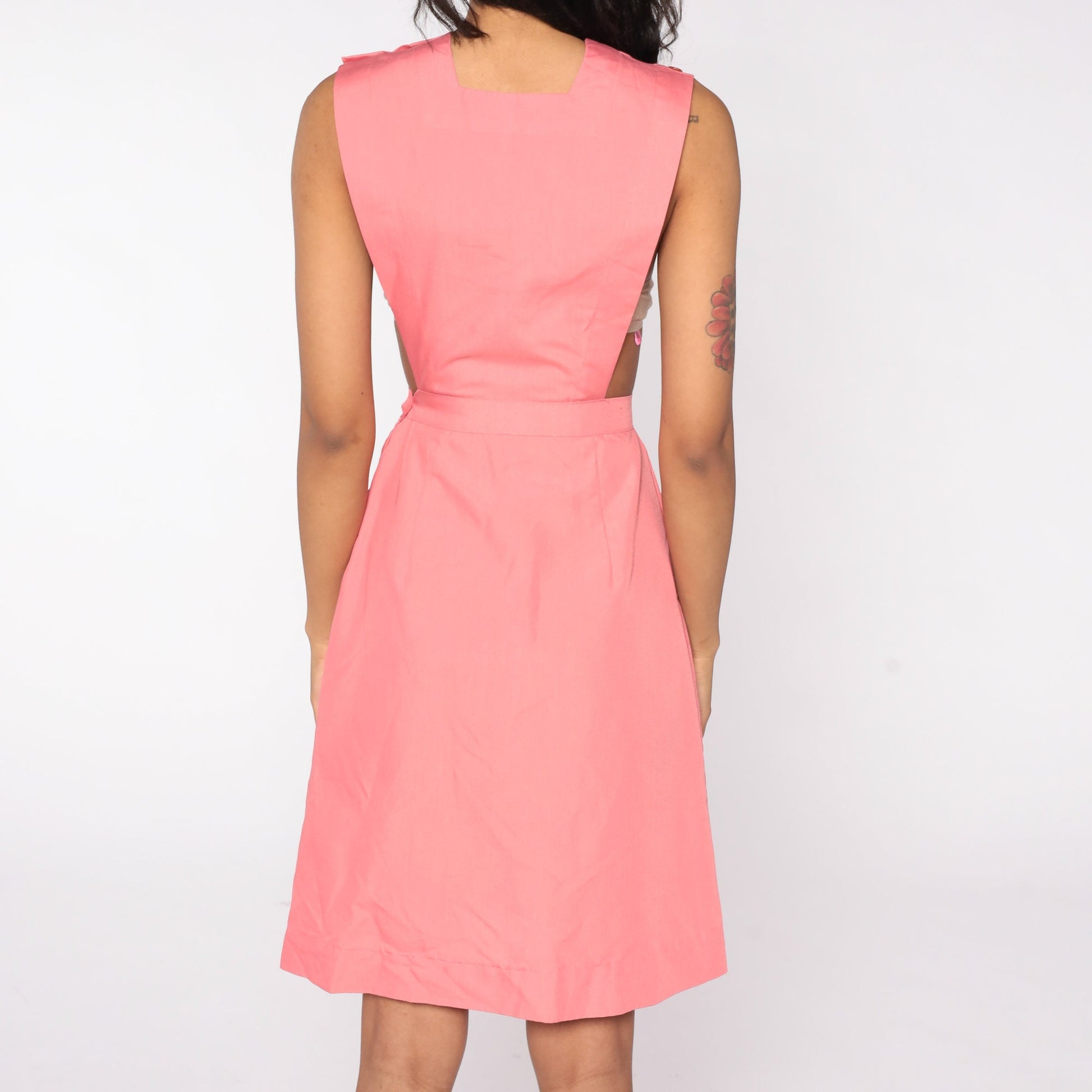 80s Pink Apron Jumper Dress Sleeveless High Waist Pockets Small