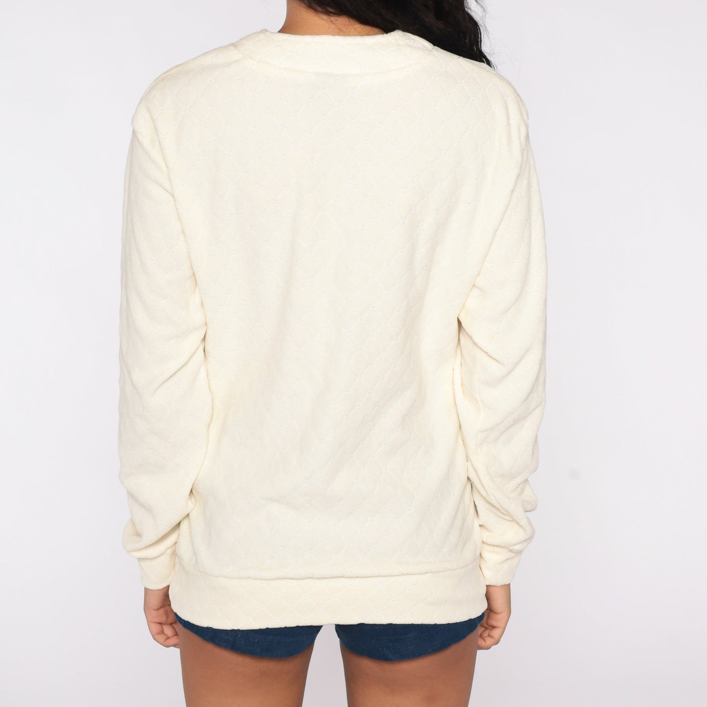 80s Cream Henley Quilted Terry Sweatshirt Long Sleeve Pullover Medium