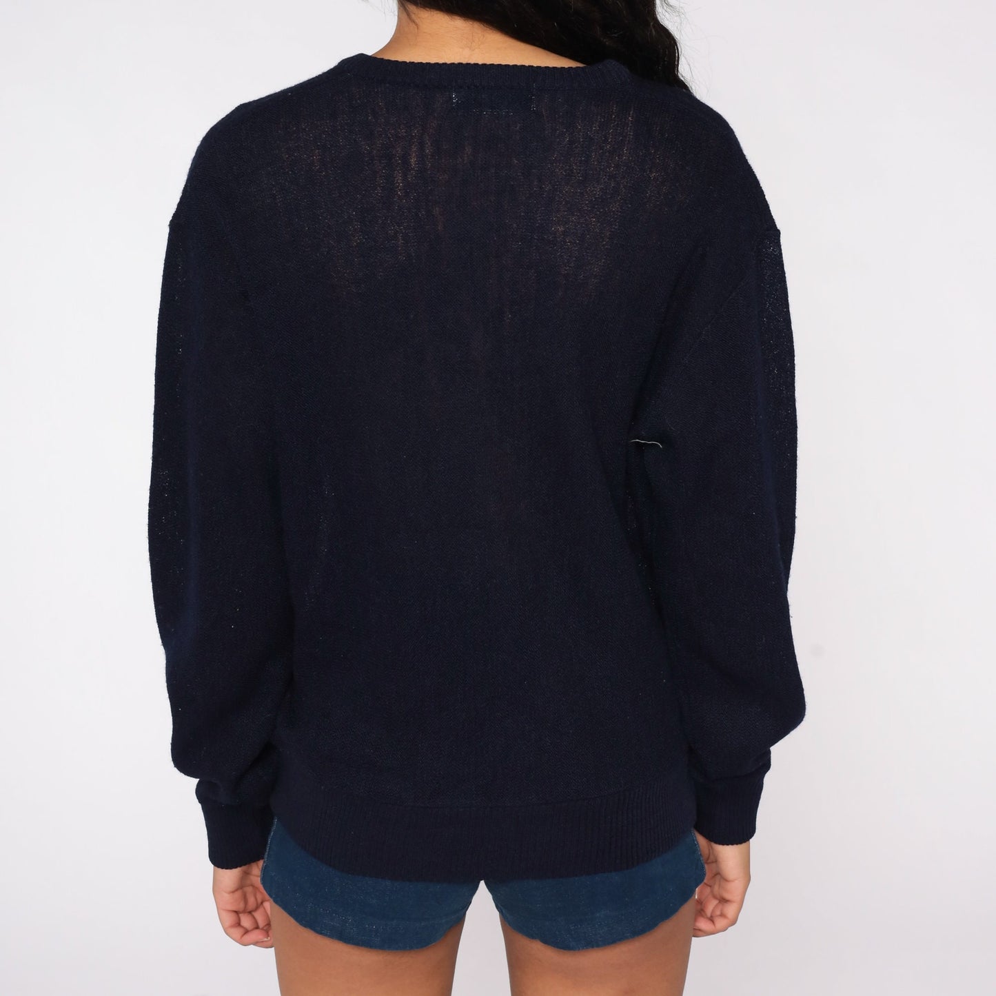 80s Navy Crocodile V-Neck Knit Sweater Slouchy Large L