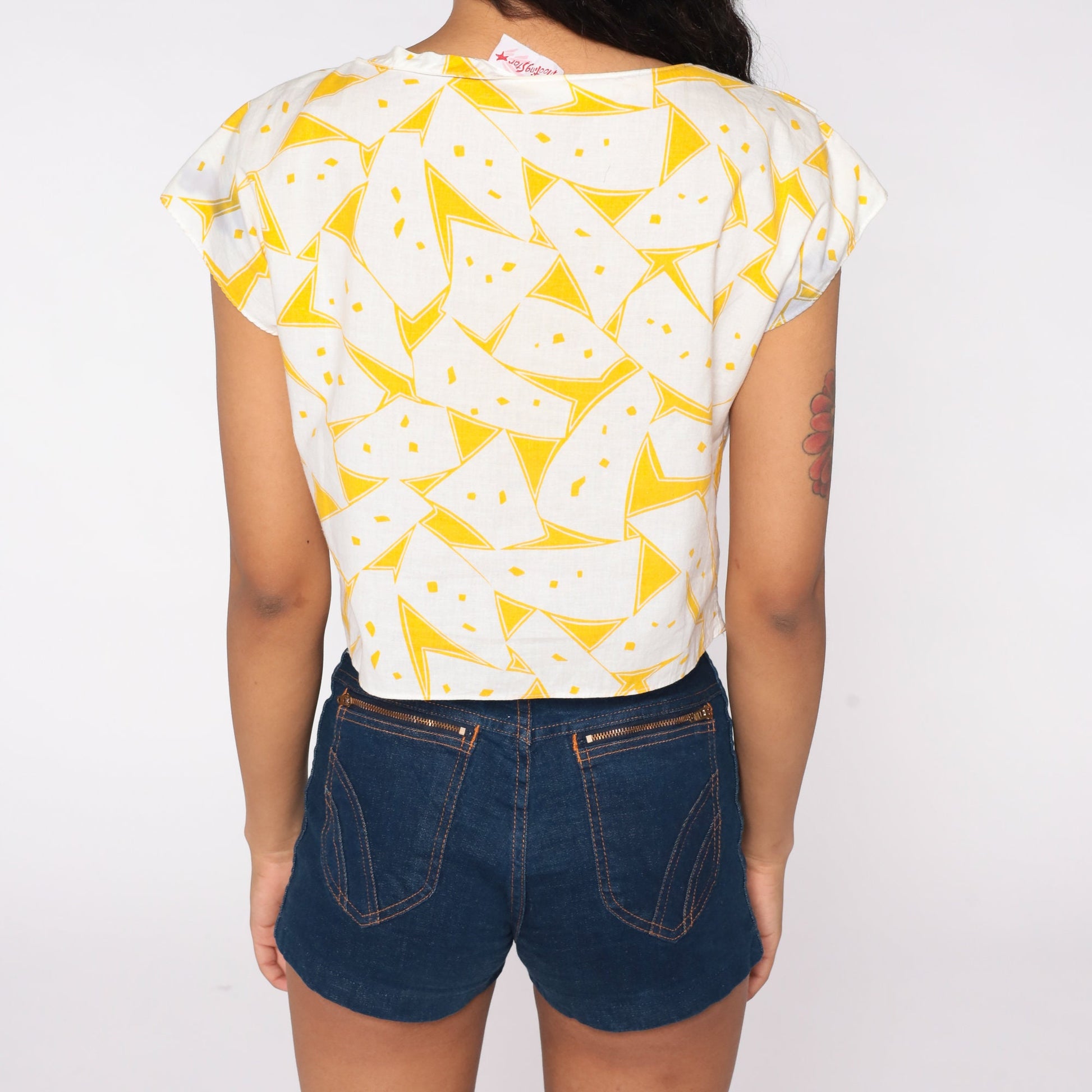 80s Geometric Crop Top White Yellow Abstract Print Cap Sleeve Small