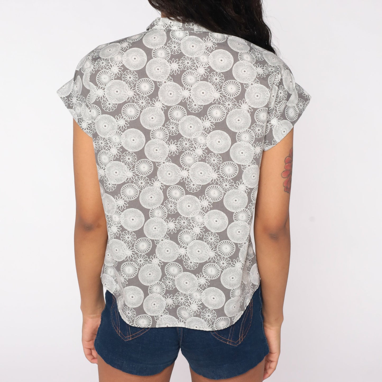 90s Spirograph Abstract Print Button Up Shirt Grey White Medium