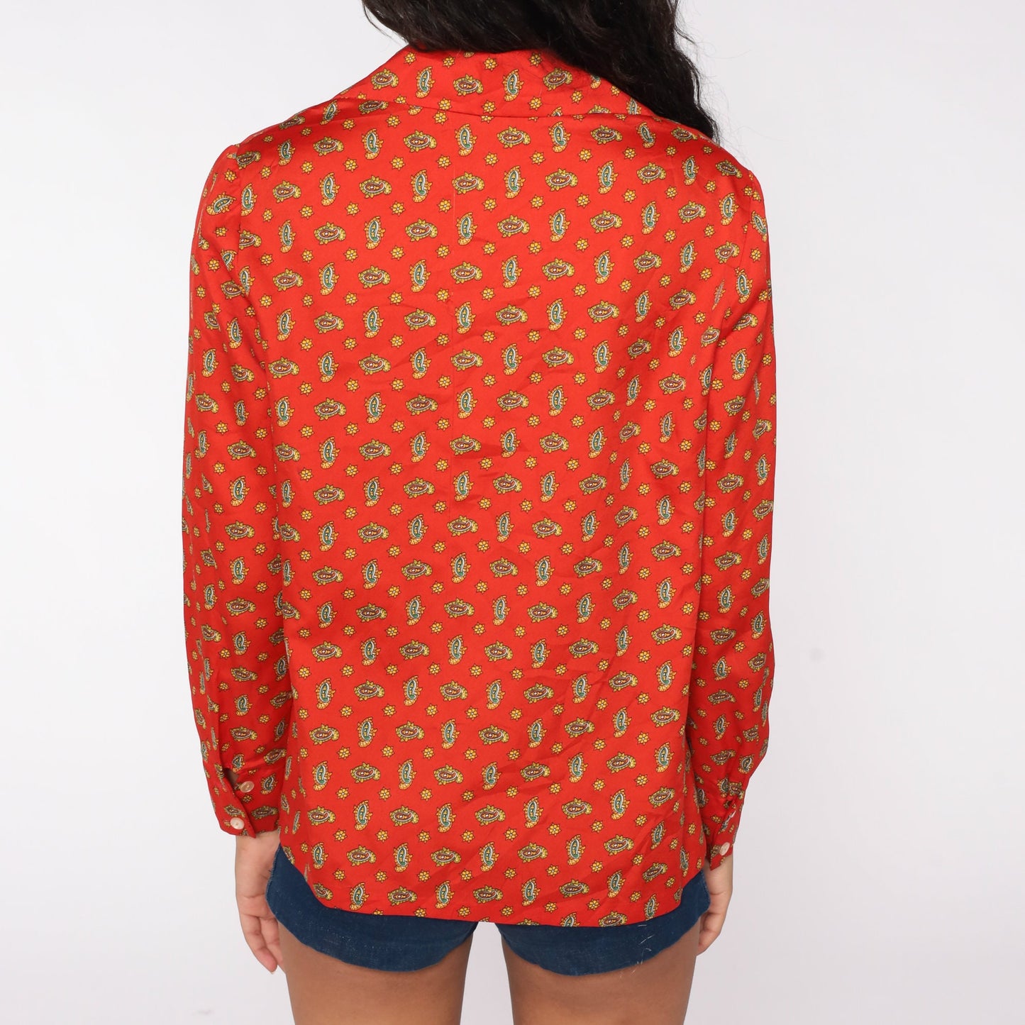 70s Paisley Print Dagger Collar Blouse Red-Orange Long Sleeve Medium