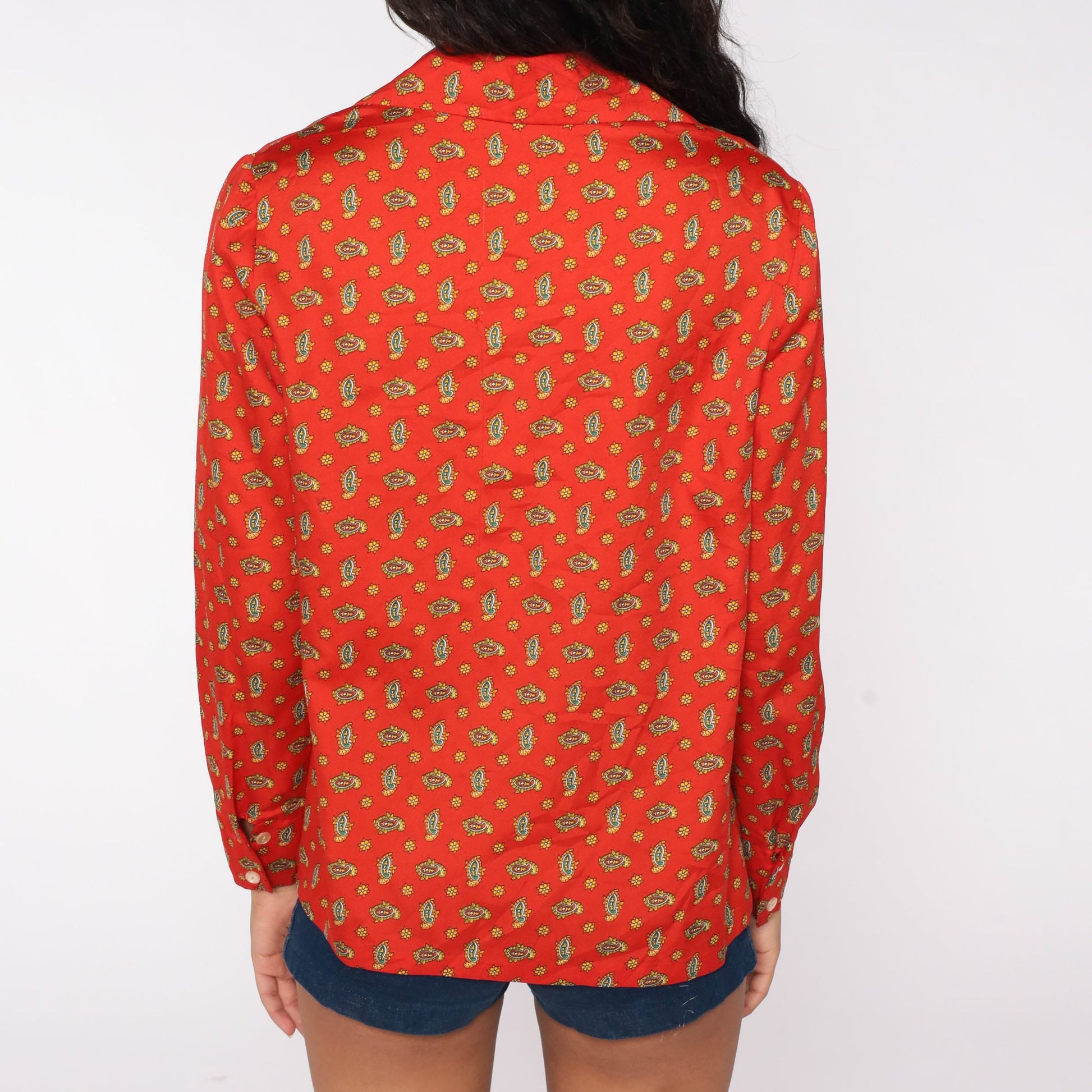 70s Paisley Print Dagger Collar Blouse Red-Orange Long Sleeve Medium