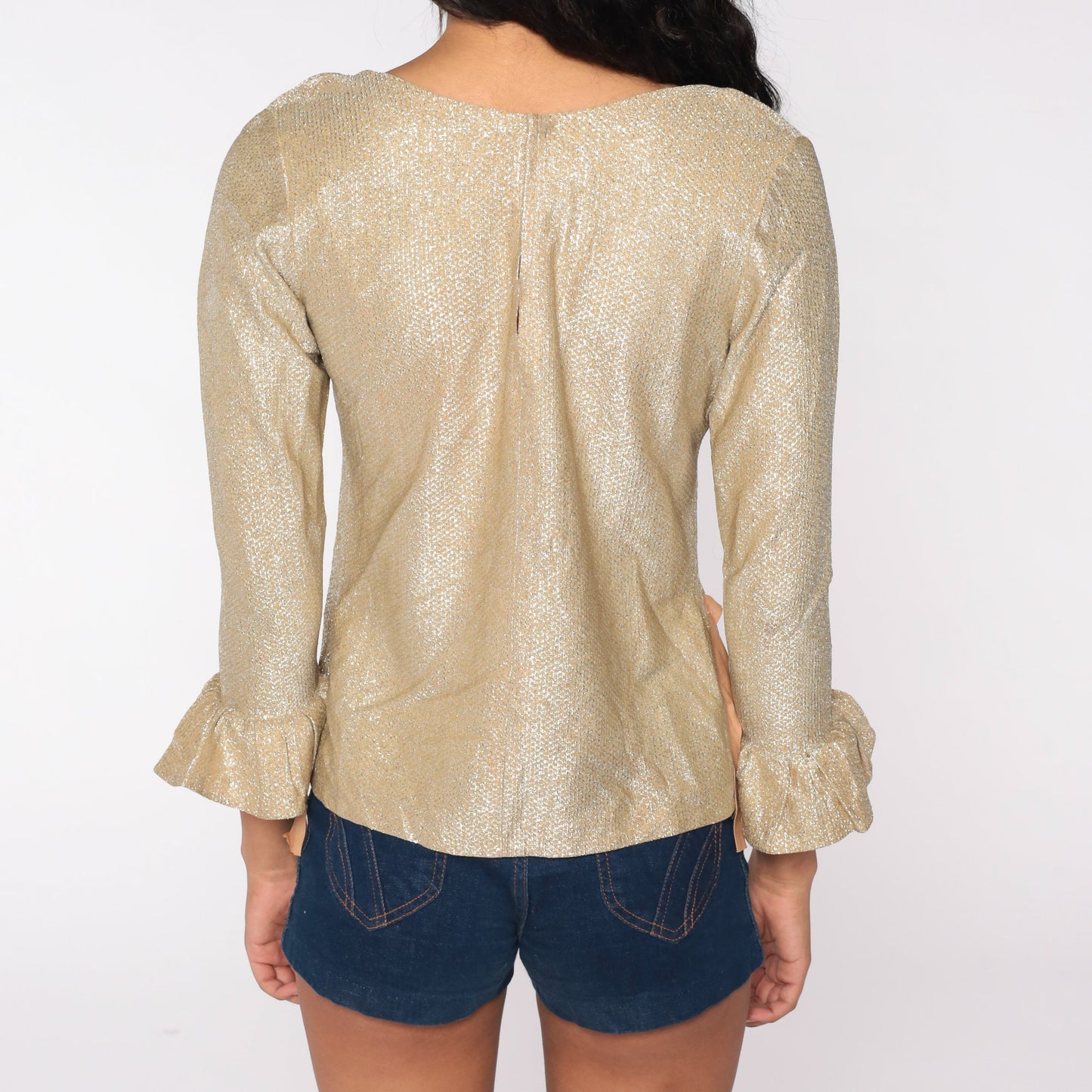 60s Metallic Gold Silver Blouse Bell Sleeve Party Top Extra Small