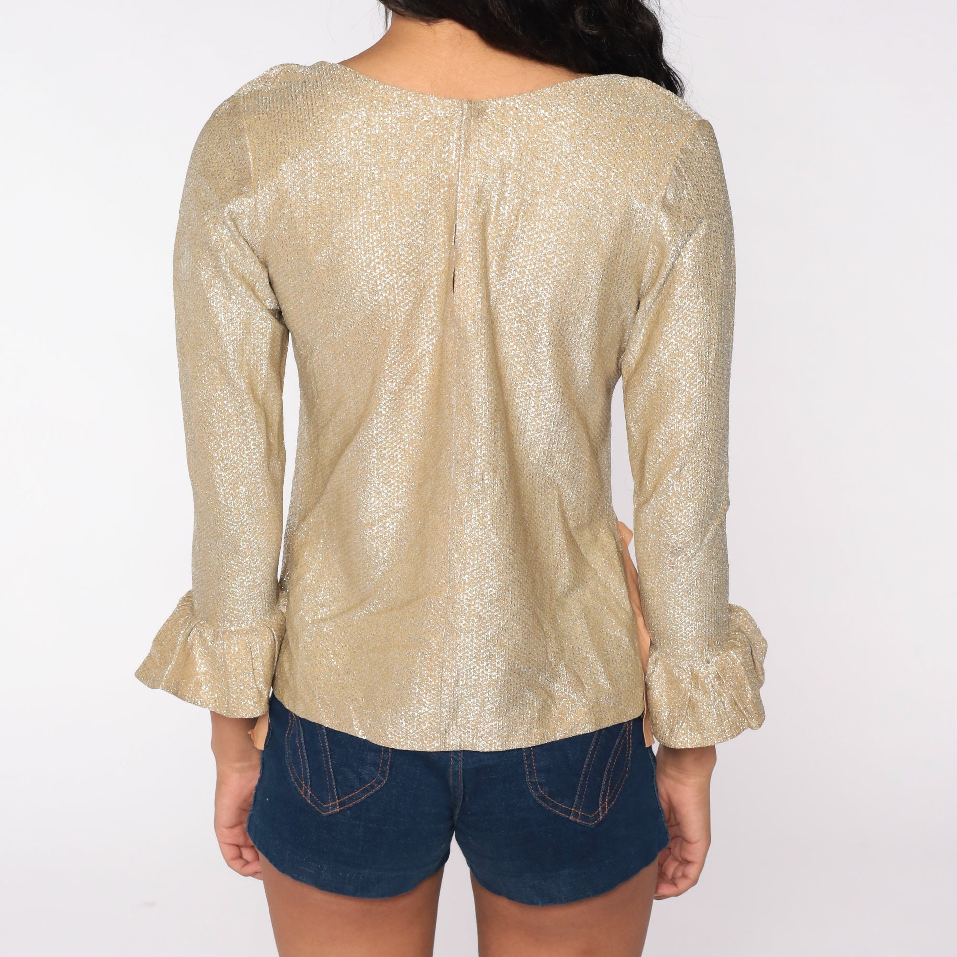 60s Metallic Gold Silver Blouse Bell Sleeve Party Top Extra Small