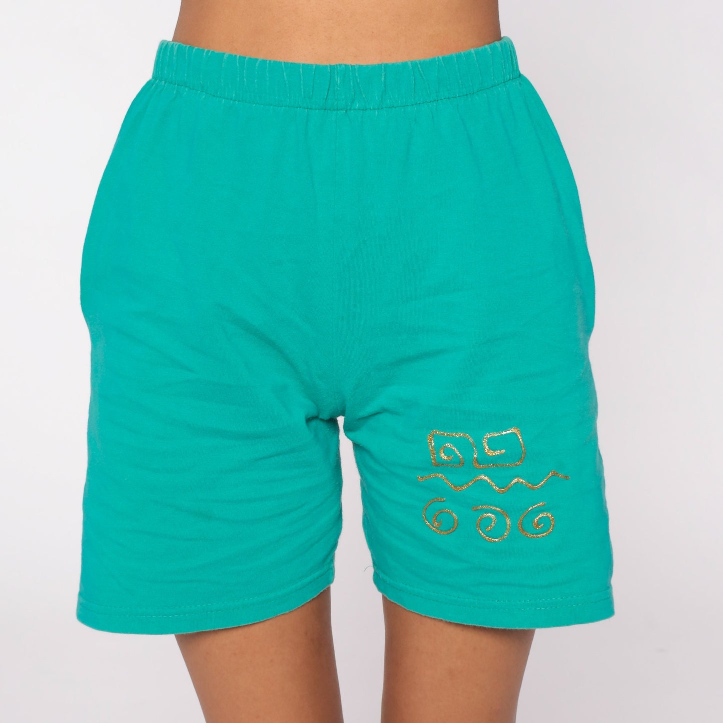 90s Green Gold Painted Elastic Waist Shorts High Rise Small S