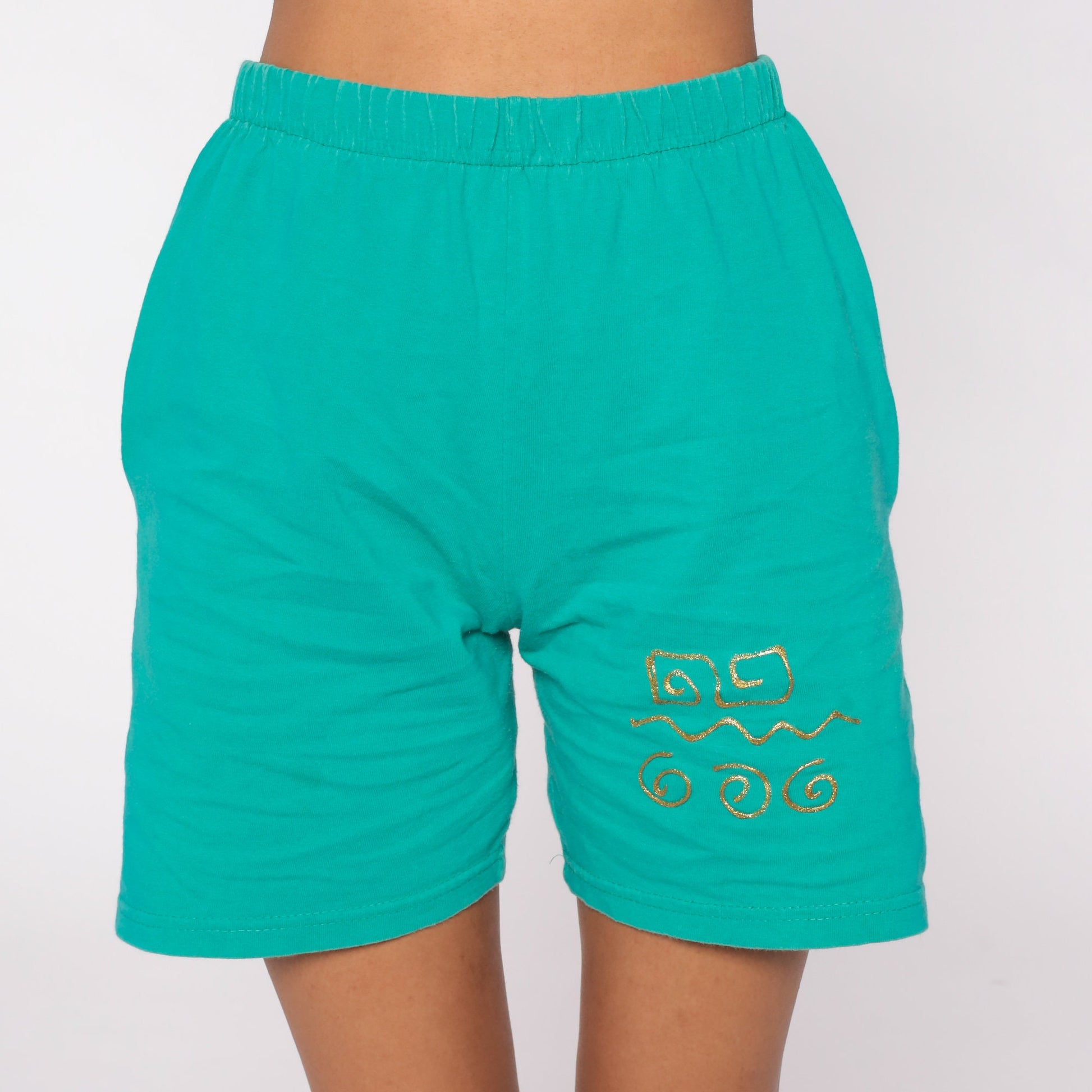 90s Green Gold Painted Elastic Waist Shorts High Rise Small S