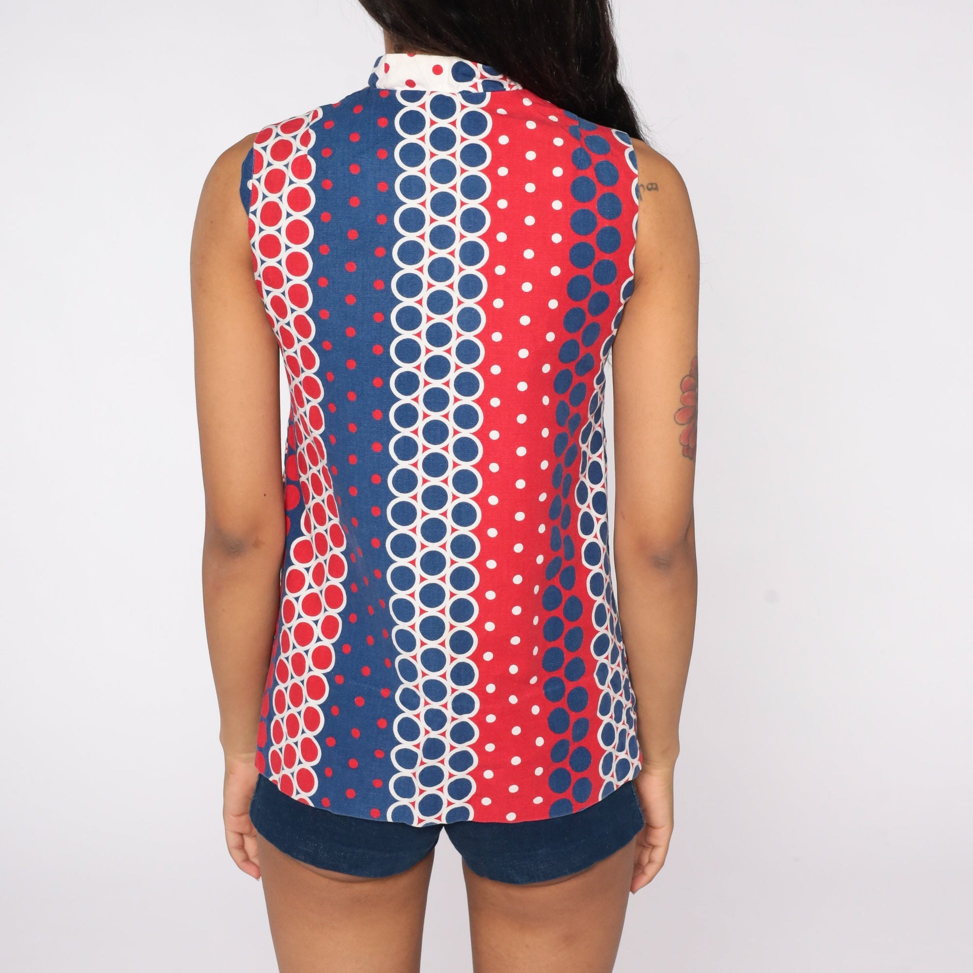 60s Mod Tank Top Polka Dot High Neck Button Front Red White Blue Extra Small XS