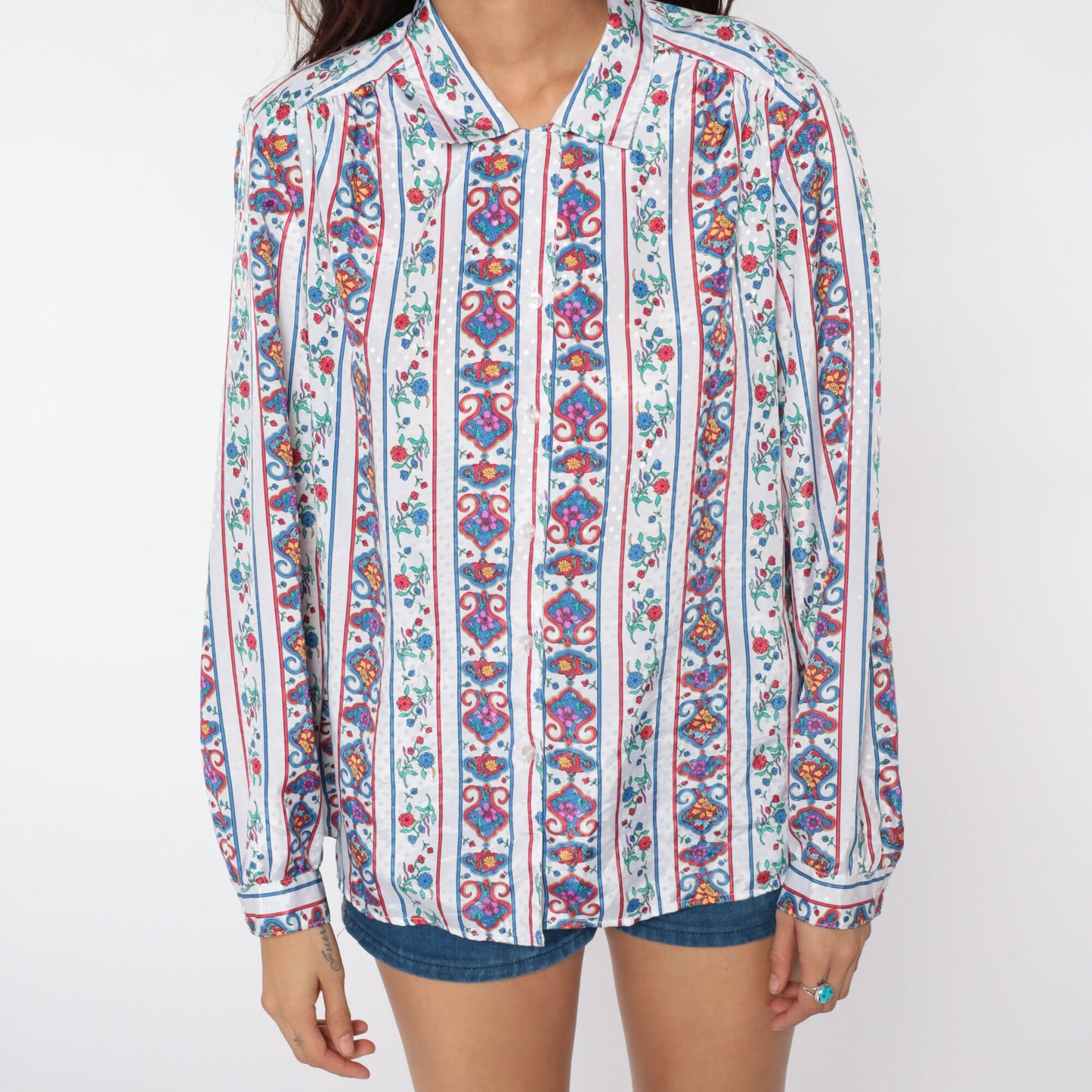 80s White Embossed Floral Button-Up Blouse Long Sleeve Extra Large XL