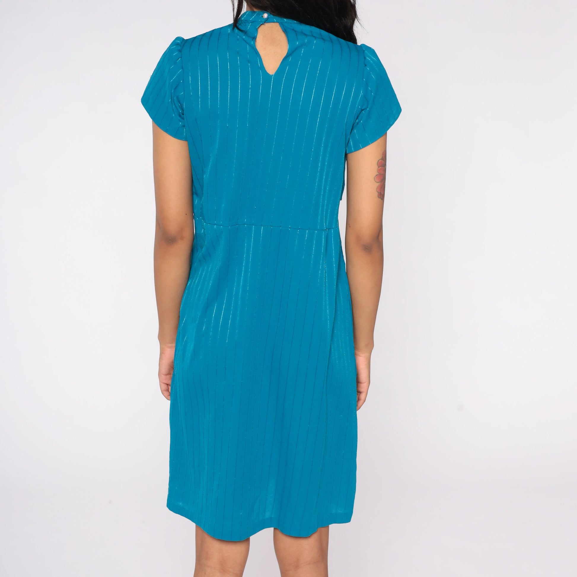 80s Blue Striped Puff Sleeve Dress Knee Length High Waist Small