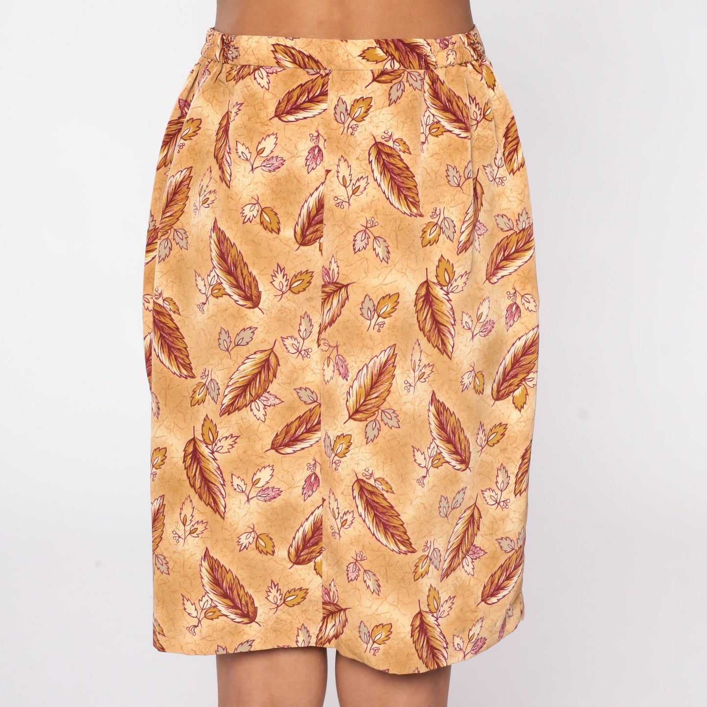 80s Leaf Print Pencil Skirt High Waist Mini Tan Brown Small